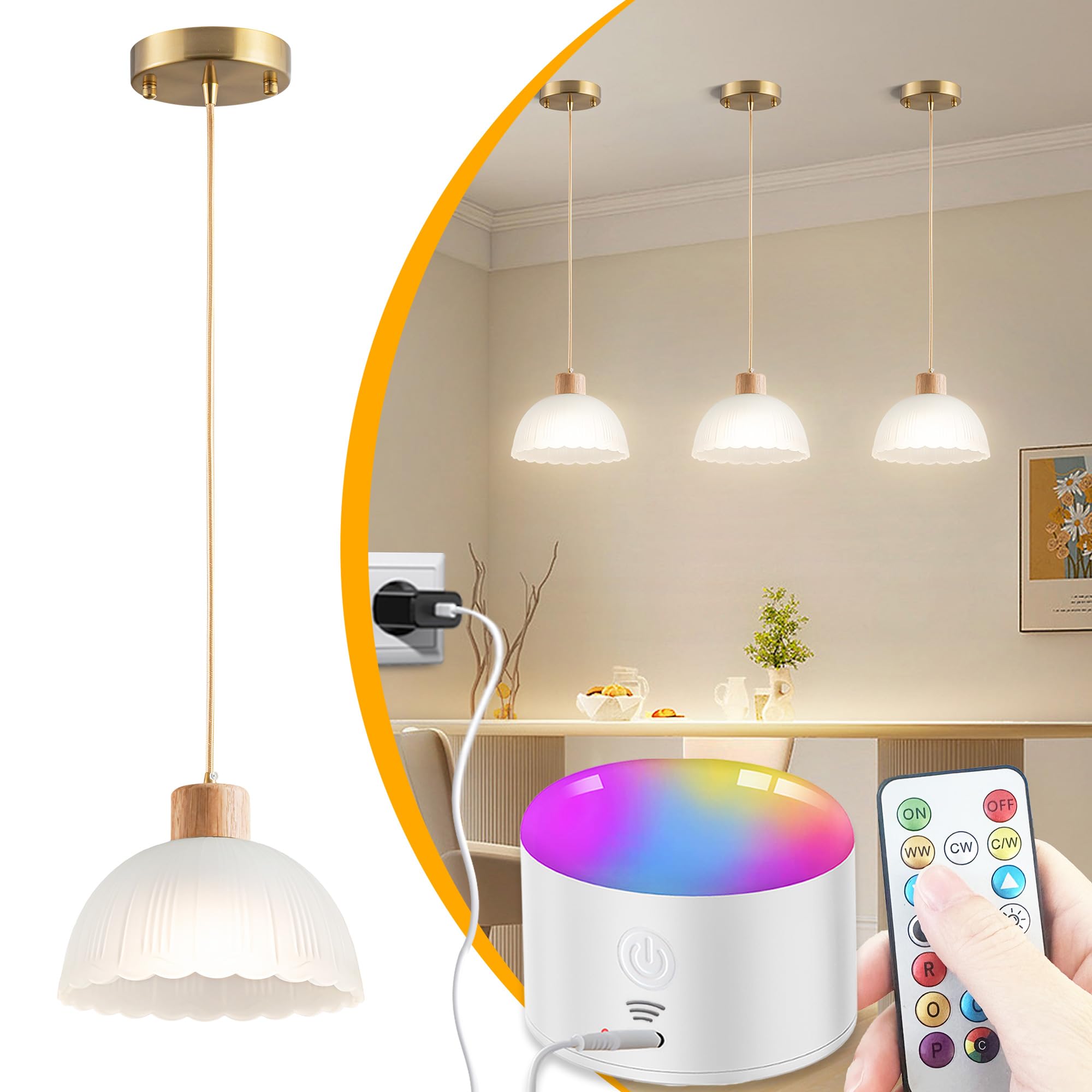 Photo 1 of 1 Pack Battery Operated Pendant Light, Rechargeable ceiling Light With 10000mAh Detachable Magnetic Bulb, wireless chandelier with remote, RGB Dimmable hanging light fixtures for Kitchen Island Decor