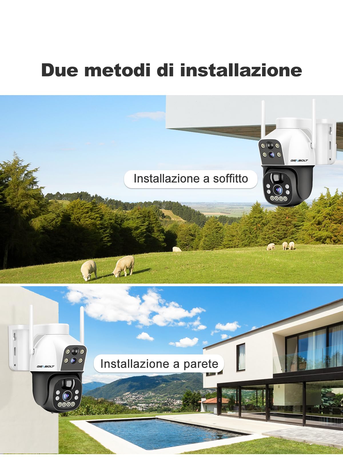 GENBOLT 4G AOV Solare Telecamera Esterno Senza Fili di Sicurezza Esterni, Registrazione 7/24 3MP+3MP IP Videocamera Sorveglianza con Rilevamento AI a SIM Card, CCTV Camera Batteria 8W 15600mAh