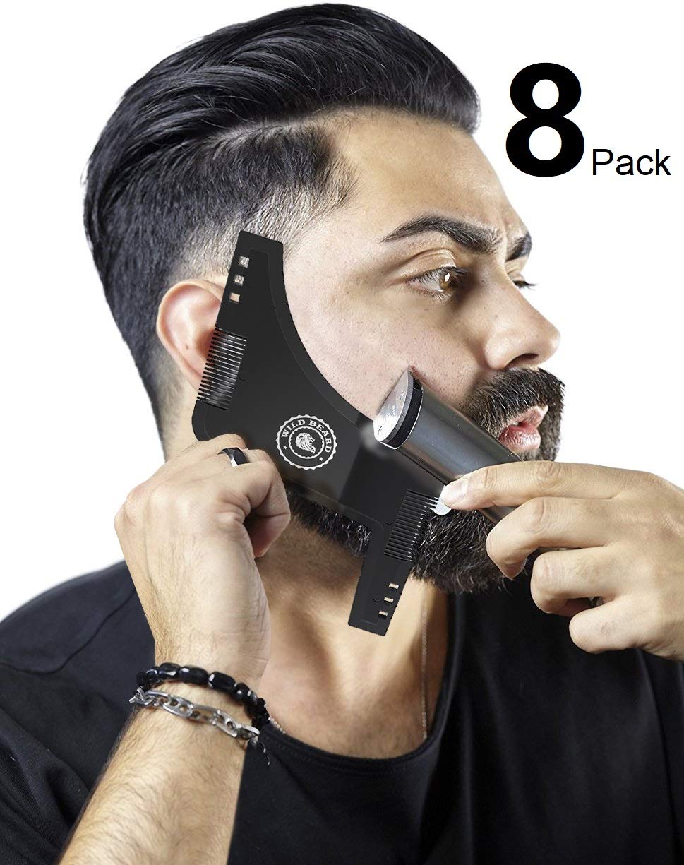 8PACK Beard Shaping Tool - Black & Transparent - 8 in 1 Facial Hair Trimming Guide and Comb Grooming Shaper - Best Stencil for Curve/Step/Straight Cut, Sideburns, Mustache, Goatee