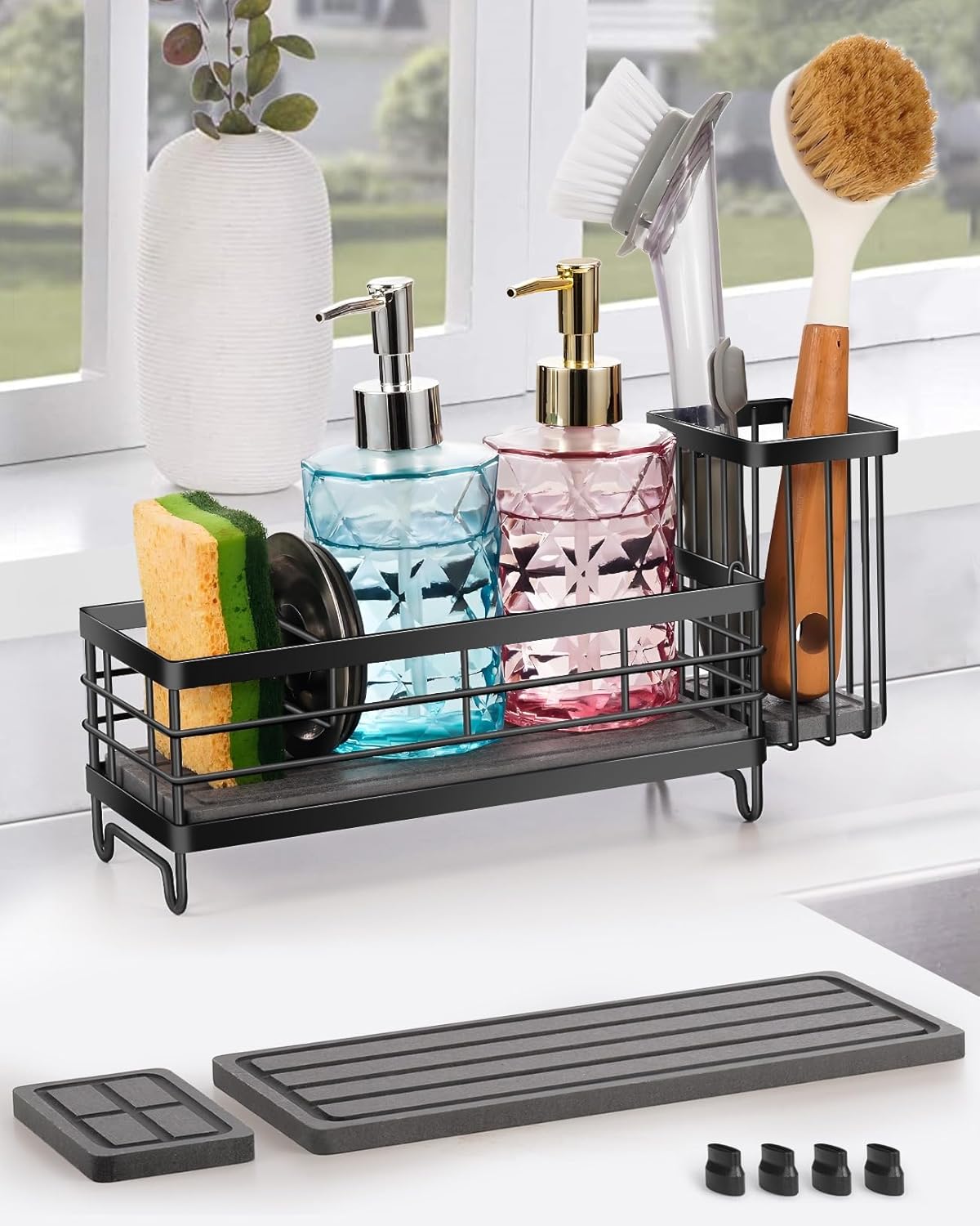 ARTLEO Kitchen Sink Caddy with Water Absorbent Diatomite Stone Sink Tray Fast Drying Sink Organizer with High Dish