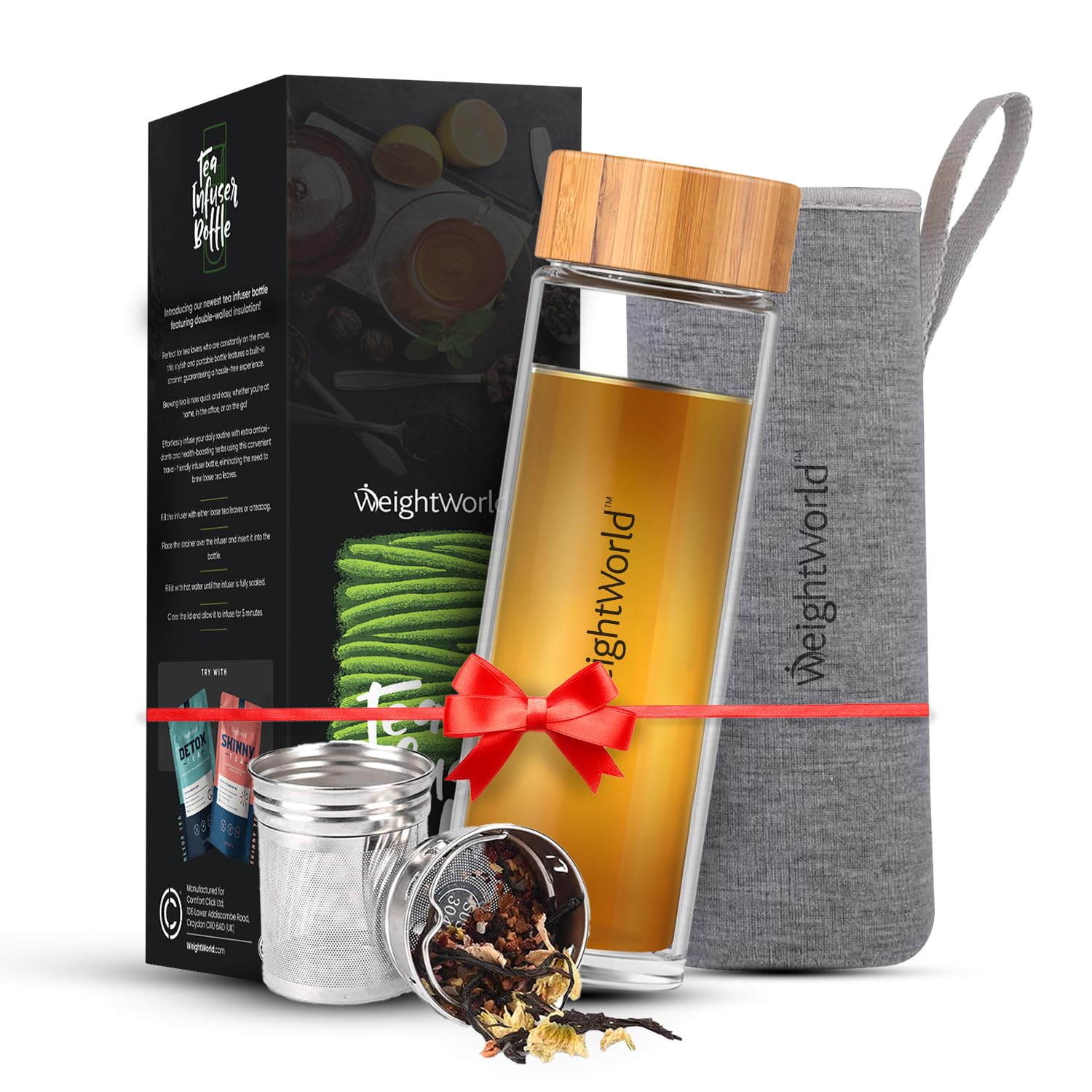 Tea Infuser for Loose Tea - 500ml Tea Infuser Glass Bottle with Stainless Steel Tea Strainer, Bamboo Lid & Neoprene Sleeve - Leakproof Hot & Cold Brew Water Bottle