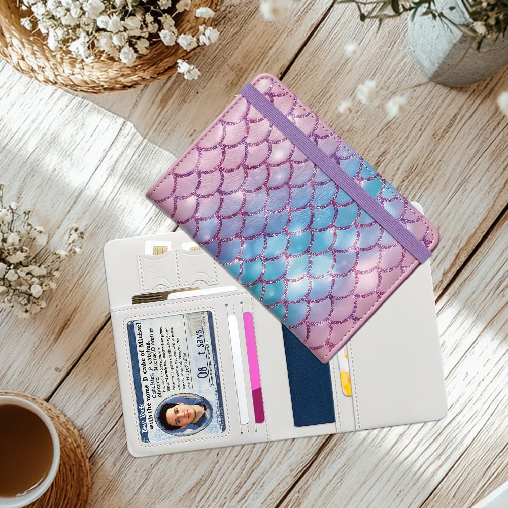 Dreamy Scale Pattern Passport Holder for Travel Mermaid Purple Passport Cover for Women PU Leather Passport Case with Credit Card Slots for Family Trip