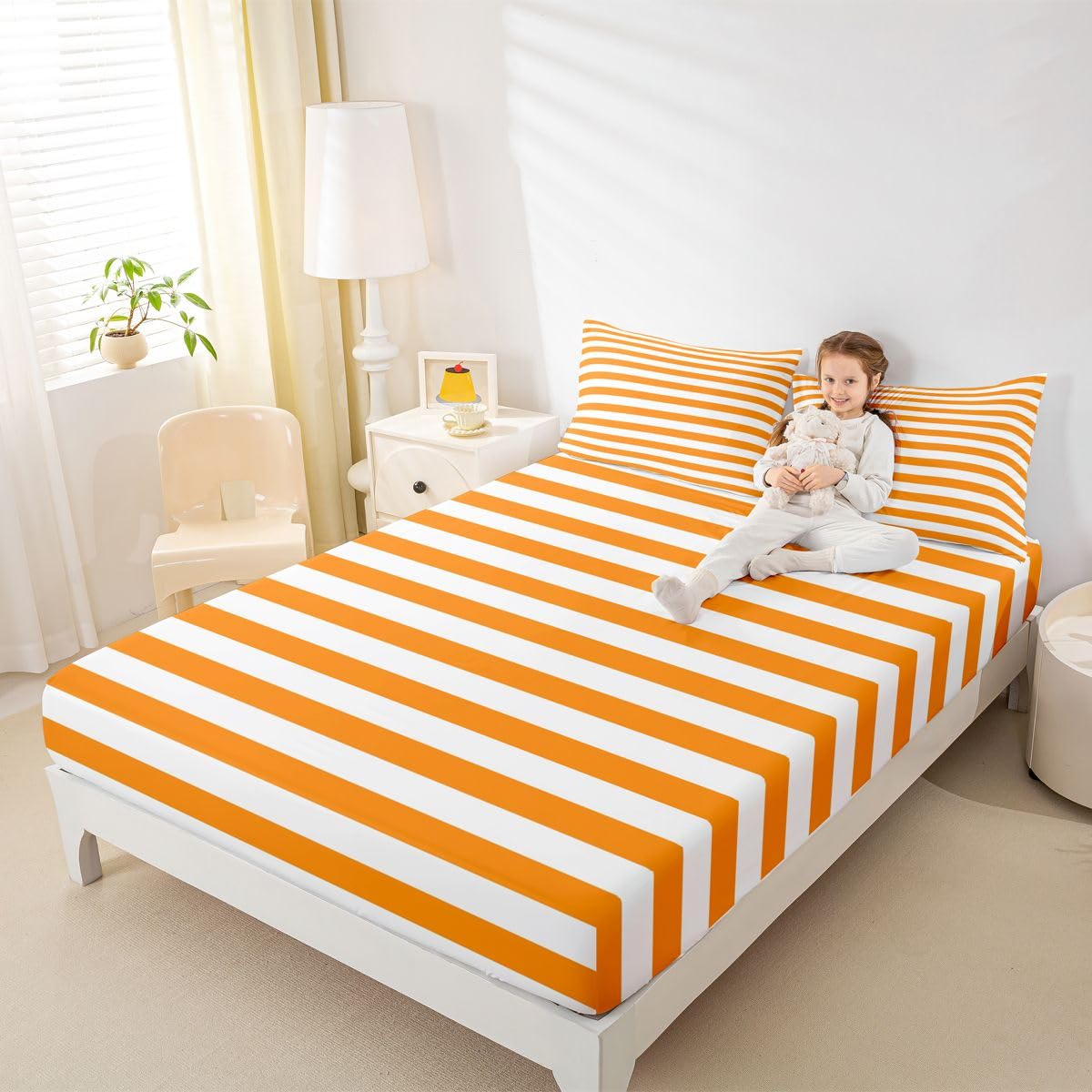 Manfei Orange-weiß gestreiftes Kinder-Bettlaken, volle Größe, gestreift, Retro, abstrakt, ästhetisches Bettwäsche-Set, modern, geometrisch, minimalistisch, Kinderzimmer-Dekor, schlichtes klassisches