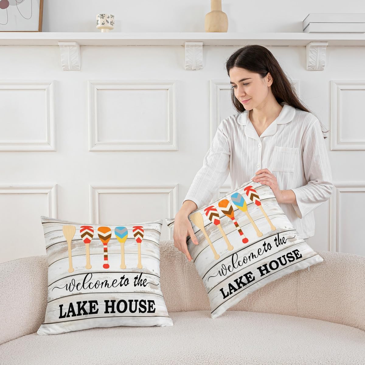 Lodge Cabin Wood Barn Rustic Style Pillow Cover 22"x 22",White Wood Panels Boating Lover Double Sides Print Pillowcase Soft Square Cushion Case,Lake House Throw Pillow Covers Pack of 2