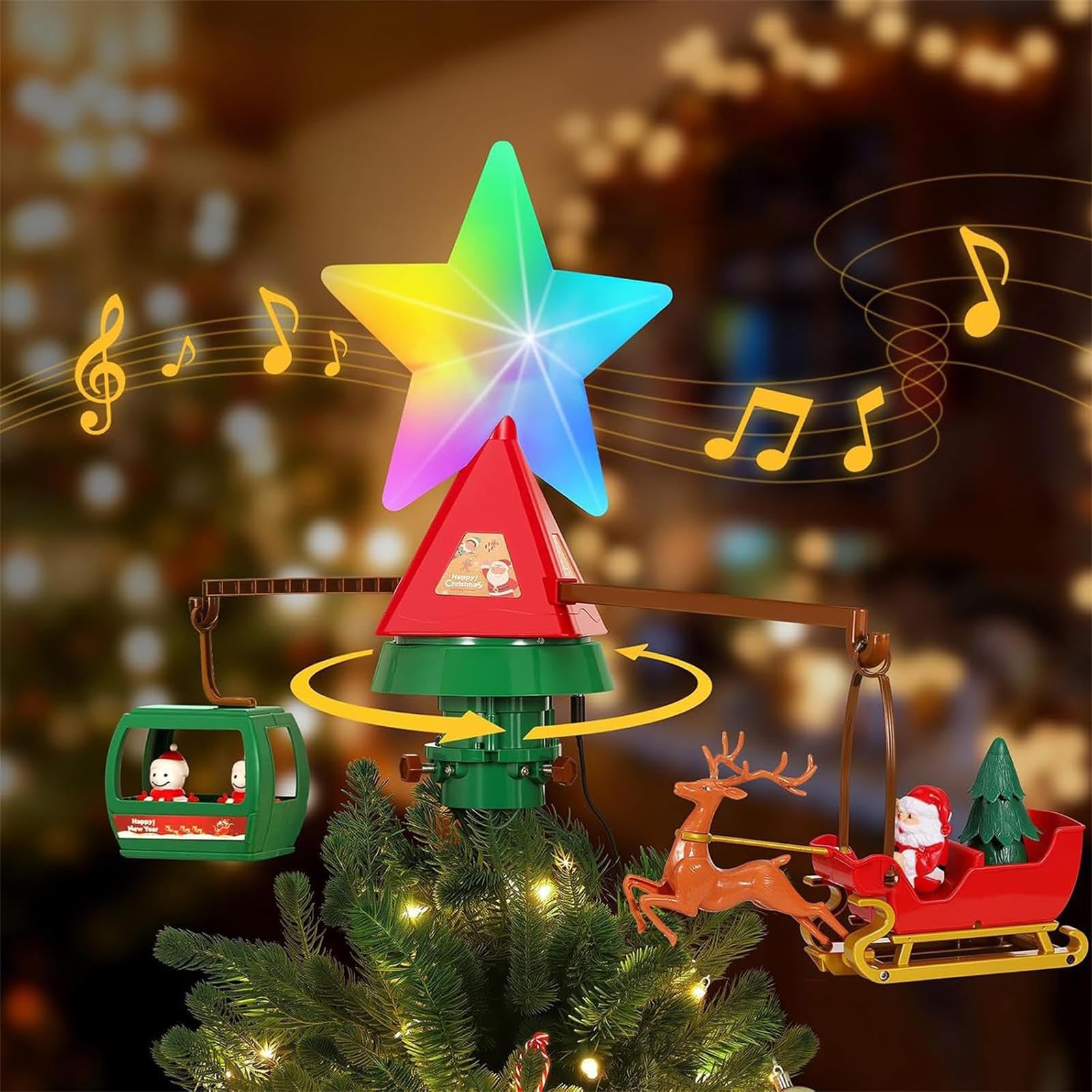 Árbol de Navidad giratorio que ilumina el líder de estrellas con base equilibrada y características musicales para adornos de árbol de Navidad LED de cubierta cíclica