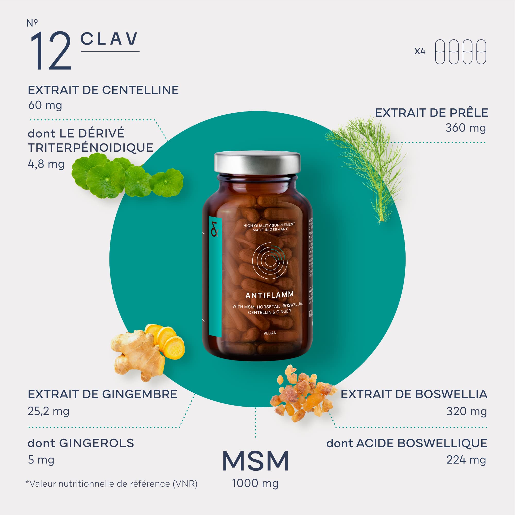 ANTIFLAMM - Naturel avec Boswellia Serrata MSM Gotu Kola Prêle des Champs & Gingembre - Articulations Douloureuses & Mobilité Articulaire - 120 Gélules - Complement Alimentaire
