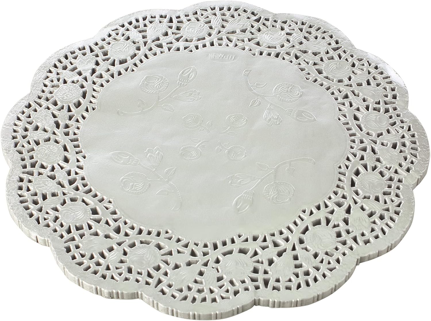 Dulcet Delights Foil Doilies Bulk Pack - Lace Paper Doily Pastry Box - Decorative Paper Placemats for Cakes, Desserts, Baked Treat Display, Tableware Decoration - 12" Diameter - Set of 100 - Silver
