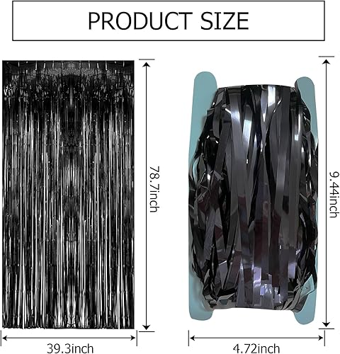 Miniatura 7 de Paquete de 2 cortinas negras para fiestas, telón de fondo de oropel de papel de aluminio, decoraciones de fiesta de Halloween, cumpleaños,