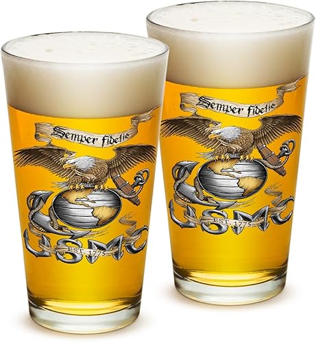 US Marine Corps USMC Marines - EGA - Earth Globe and Anchor - Vasos clásicos de cerveza prémium de 16 onzas - Juego de 2 vasos de mezcla de cóctel