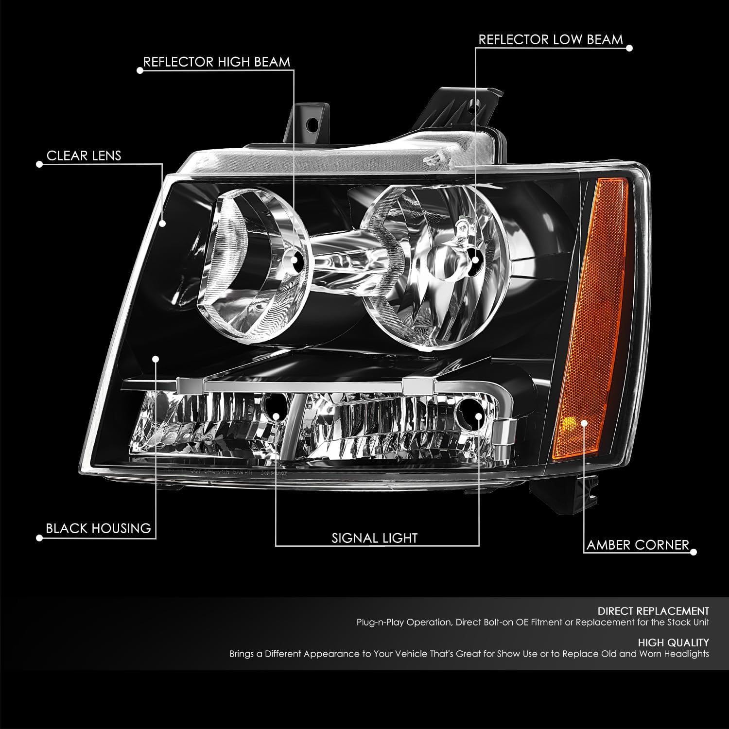 DNA MOTORING Left OE Style Headlight Compatible with 07-13 Chevy Avalanche, Suburban 2500/07-14 Suburban 1500, Tahoe,OEM-HL-0218-L