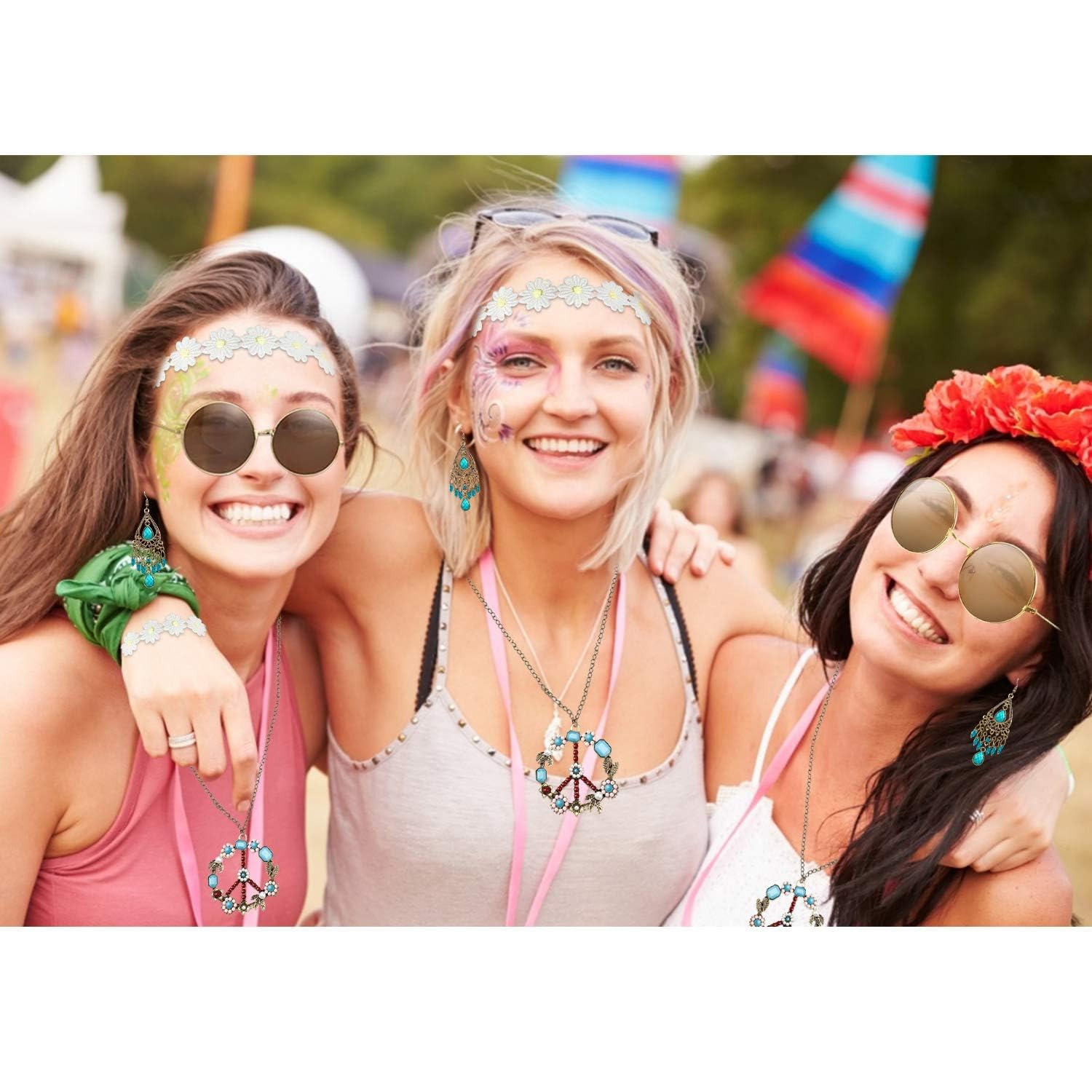 Alintor Hippie Accessoires für Schlagermove Outfit Damen, Flower Power Zubehör für Hippie Kostüm, 60er 70er Jahre Bekleidung, Peace Kette, Brille