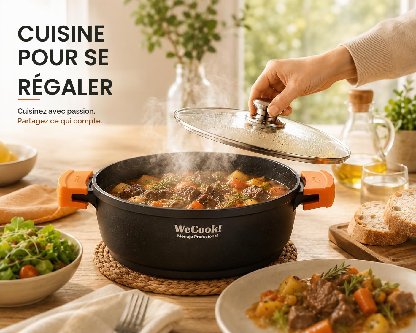 WECOOK! Ecochef Casserole Profonde, Induction, Couvercle en Verre 24cm, Antiadhésive QUANTANIUM Écologique sans PFOA, Fonte d'Aluminium, Épaisseur 5mm, Poignées en Silicone, Vitrocéramique, Four
