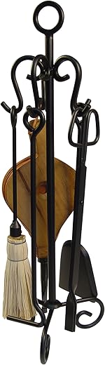Imex El Zorro 5 Piece Chimney Ring Set | 70 cm | Includes Shovel, Poker, Tongs and Brush | Sturdy Metal Stand