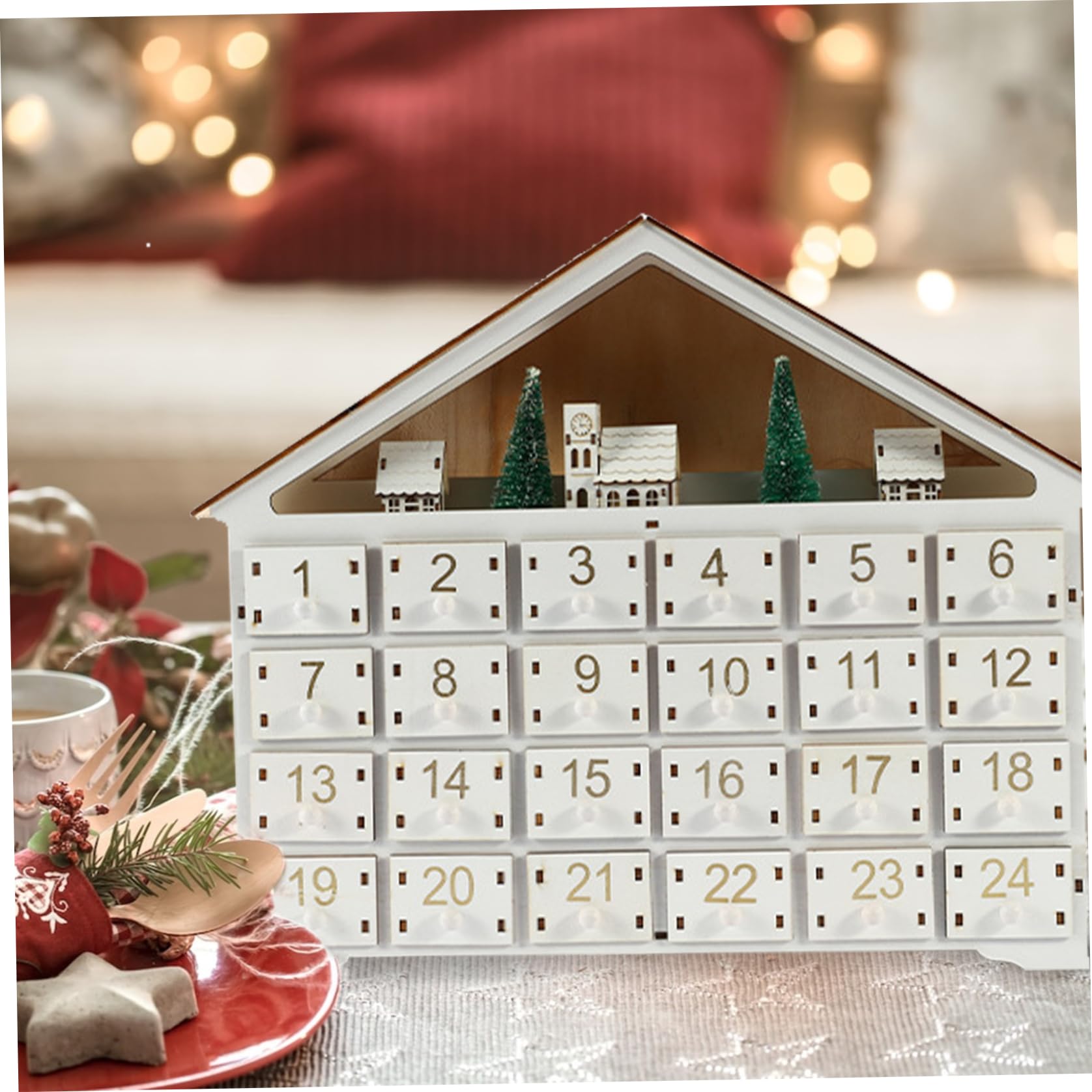Llena tu propio calendario de adviento, calendario de adviento de madera con 24 cajones y luces LED reutilizables vacías para llenarte para decoraciones navideñas sin batería, adornos de Navidad