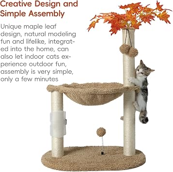 MECOOL Cat Tree Tower 32 Tall Scratching Post with Large Hammcok for Indoor Cats,Self-Massage Bursh Hanging Ball Toys,Maple,Beige