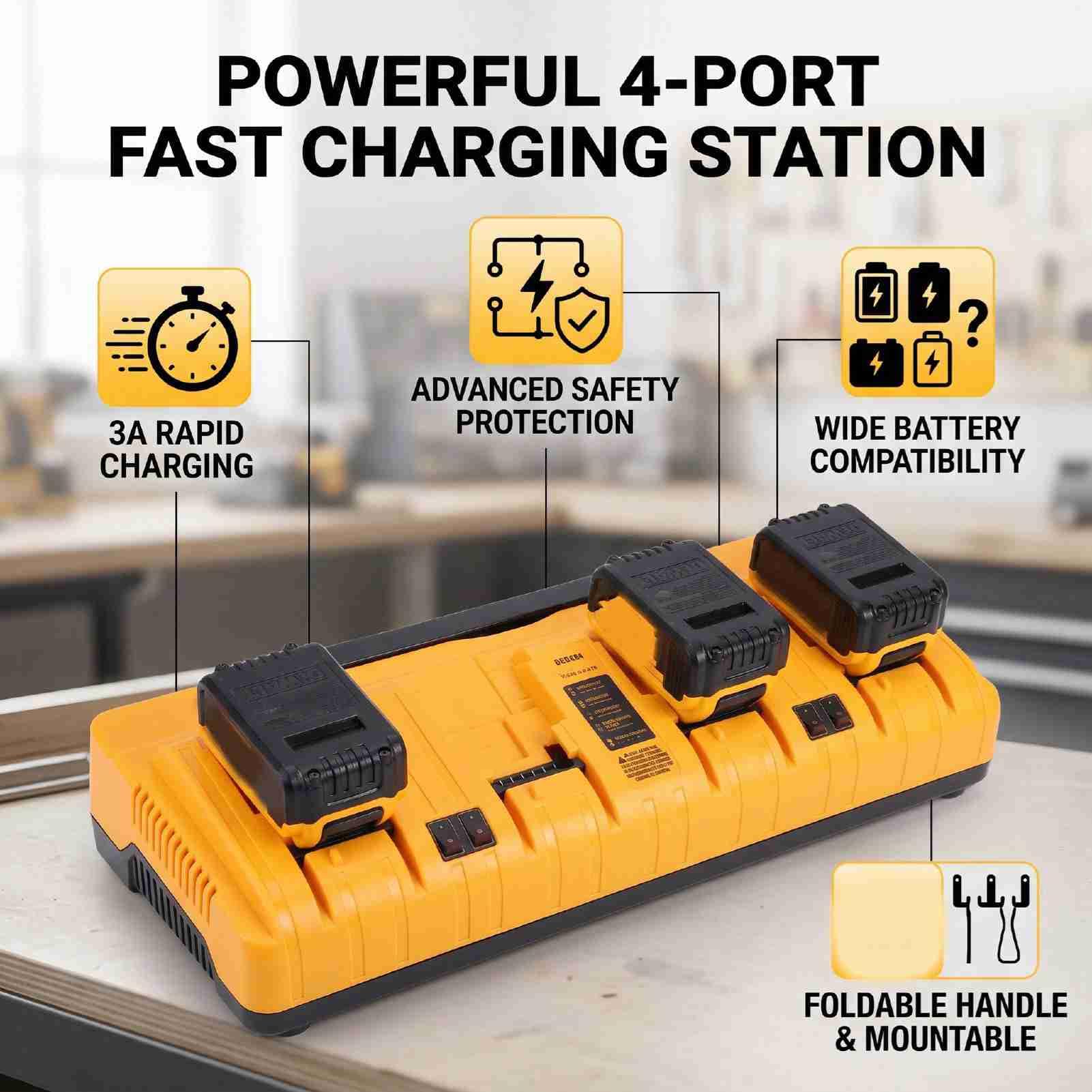 Marhynchus Caricabatterie a 4 Porte, Stazione di Ricarica Rapida 3A | Custodia in ABS, Uscita 240 W, Indicatori LED, Montabile a Parete, Compatibile con