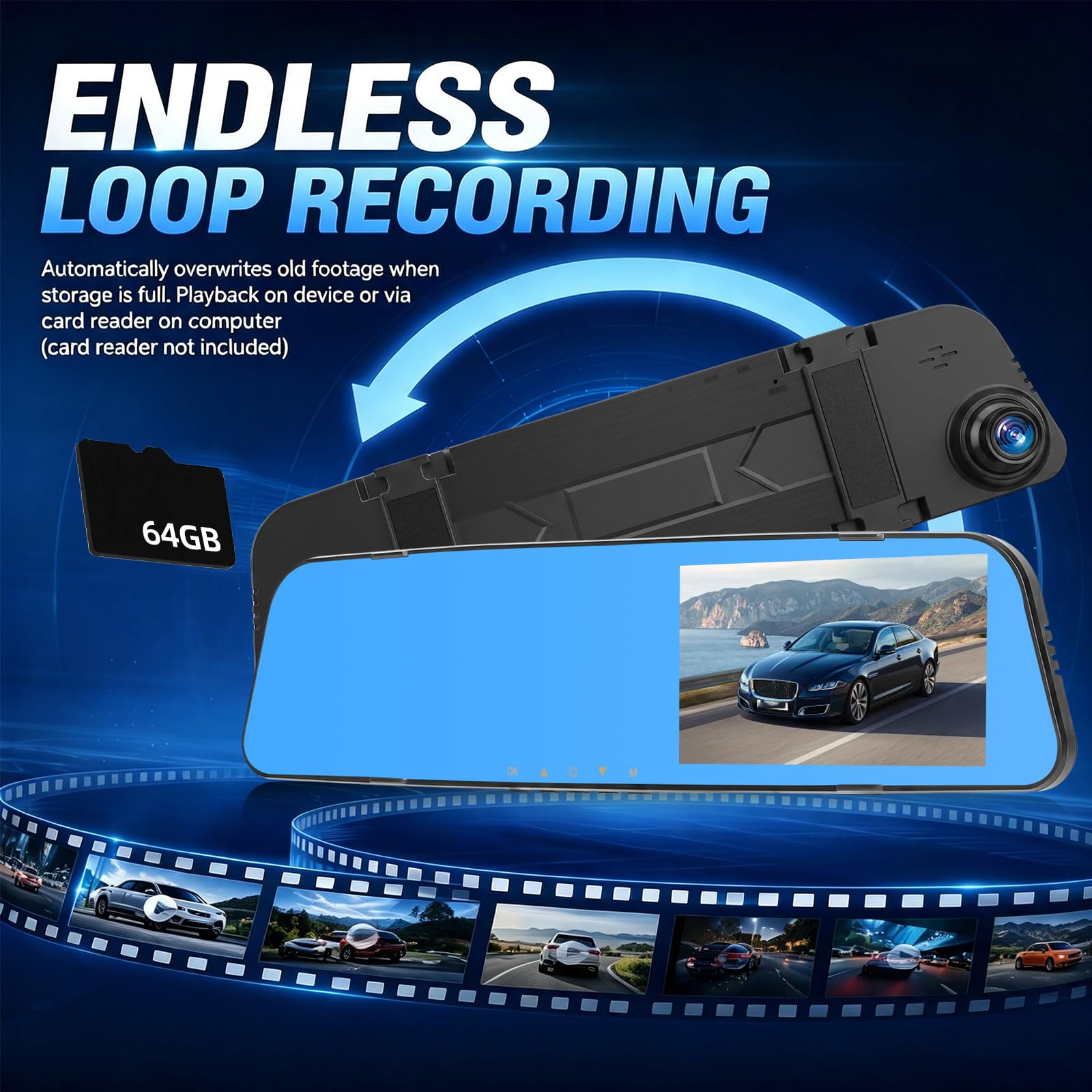 NHOPEEW Dashcam lusterko 4,5" 1080P Ant-Post, karta 64 GB w zestawie