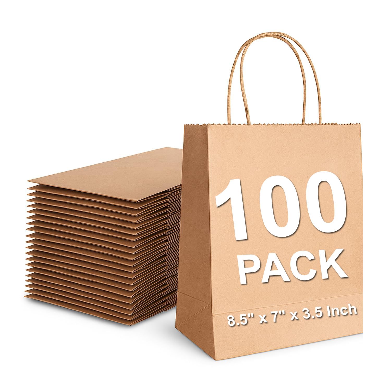 Aakriti Craft Paper Bags, Rakhi Gift Bags with Handles, Small Craft Shopping Bags in Bulk for Boutiques, Small Business, Retail Stores, Gifts & Merchandise (BROWN-100PCS, Mini: 8.5" x 7" x 3.5 Inches)