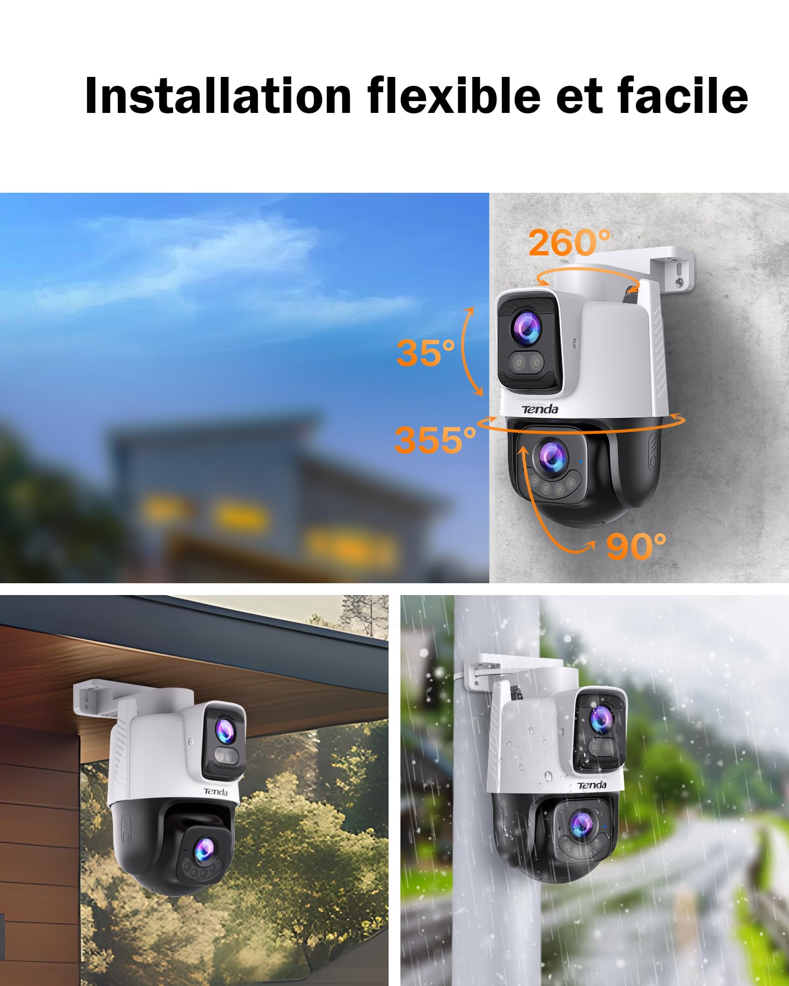 Tenda Caméra Extérieure WiFi 3MP+3MP, Double Objectif, 360° PTZ, Audio Bidirectionnel, Couleur Vision Nocturne 30m, Détection Personnes/Véhicules, Suivi Auto, Alertes Vocales Personnalisées, CH9