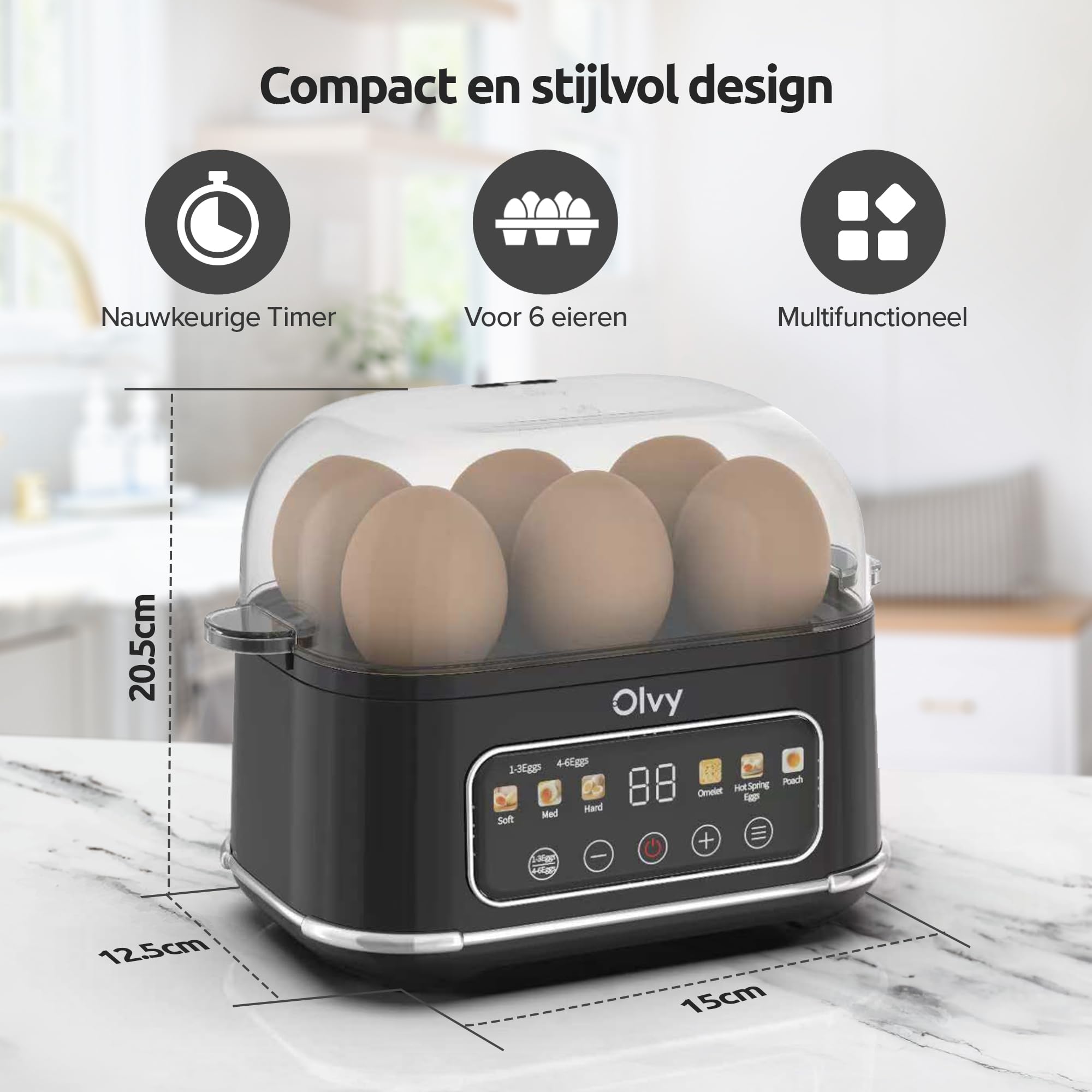 Olvy 6 w 1 elektryczny jajowar z timerem LCD - 6-jajowy podgrzewacz wody i parowar - automatyczne wyłączanie - części nadające się do mycia w zmywarce - wraz z miarką