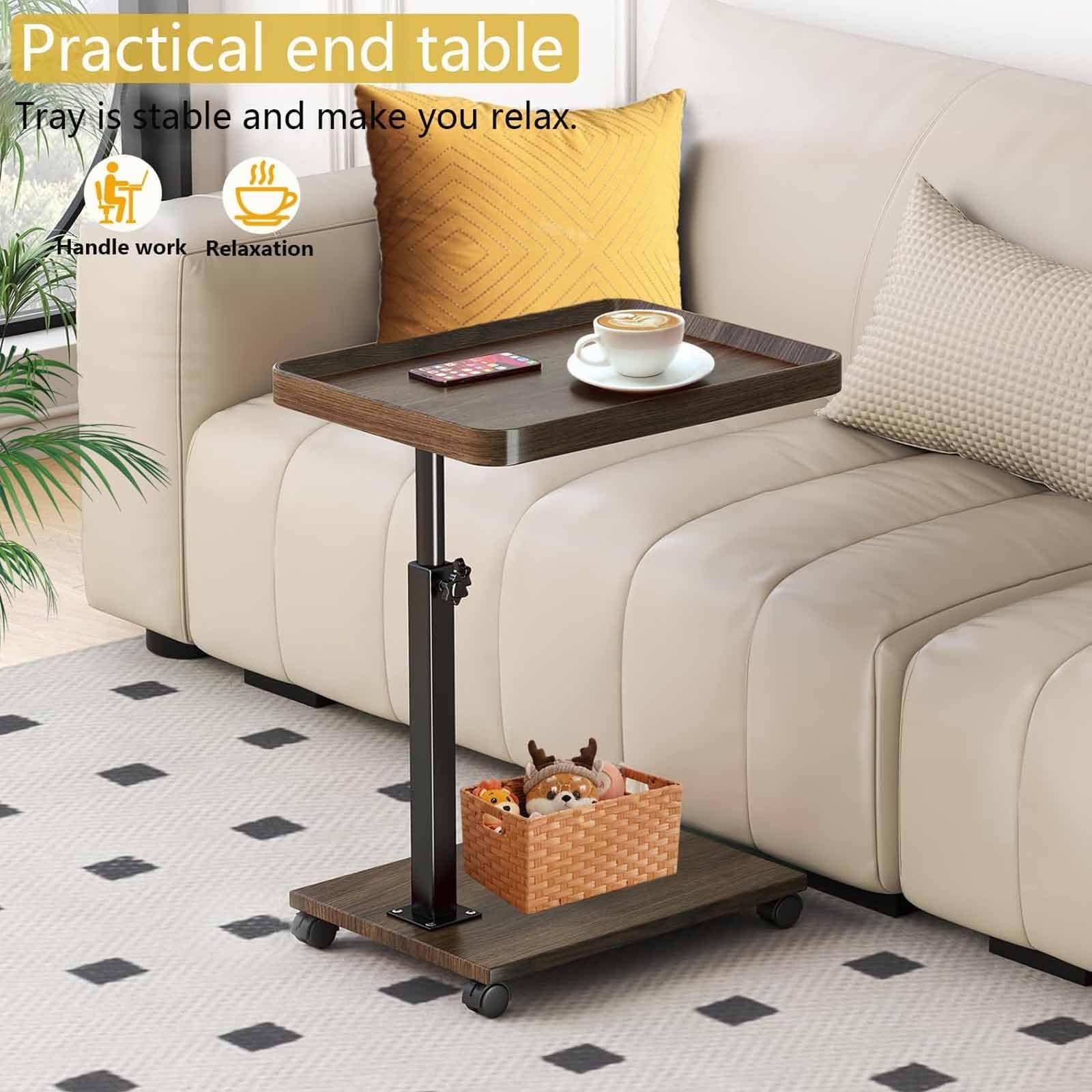 Mesa Auxiliar C Ajustable en Altura, Bandeja giratoria de 360° para TV, Ideal para Espacios pequeños, mesas auxiliares Que se Deslizan Debajo del sofá, Laterales con Ruedas, Perfec