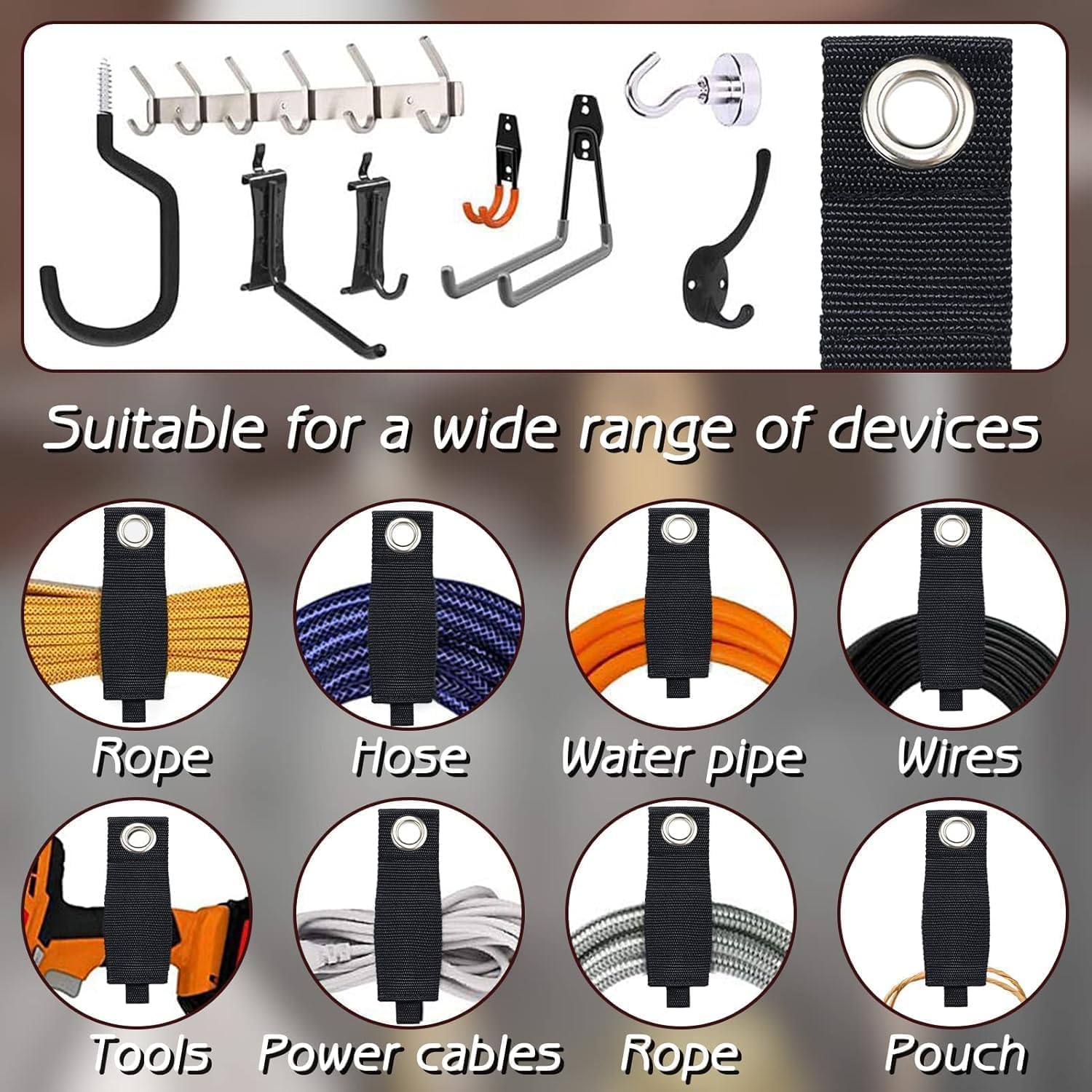 3 Pack Heavy Duty Cord Storage Straps – Extension Cord Organizer with Grommet for Garage Wall Organization & Home Storage