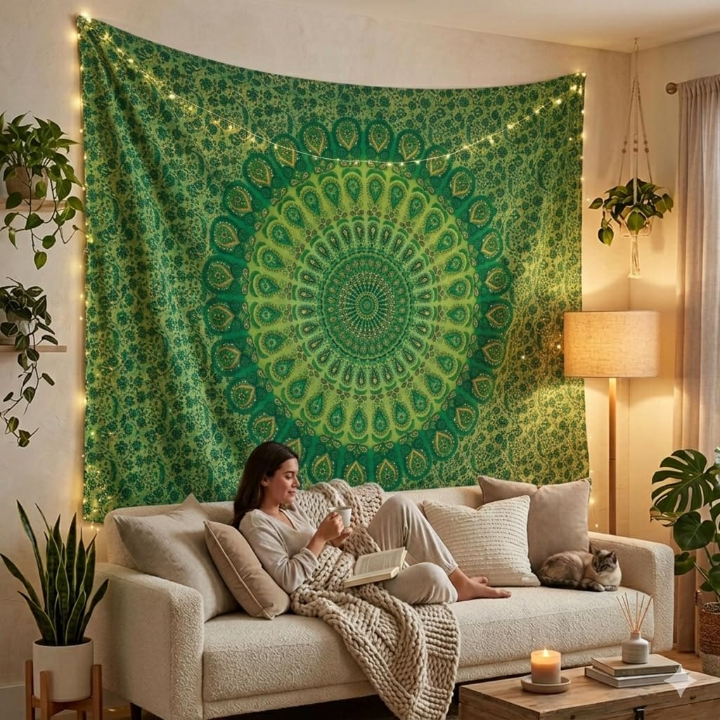 Peacock Mandala Tapestry - Navy Blue Cotton Wall Hanging -21