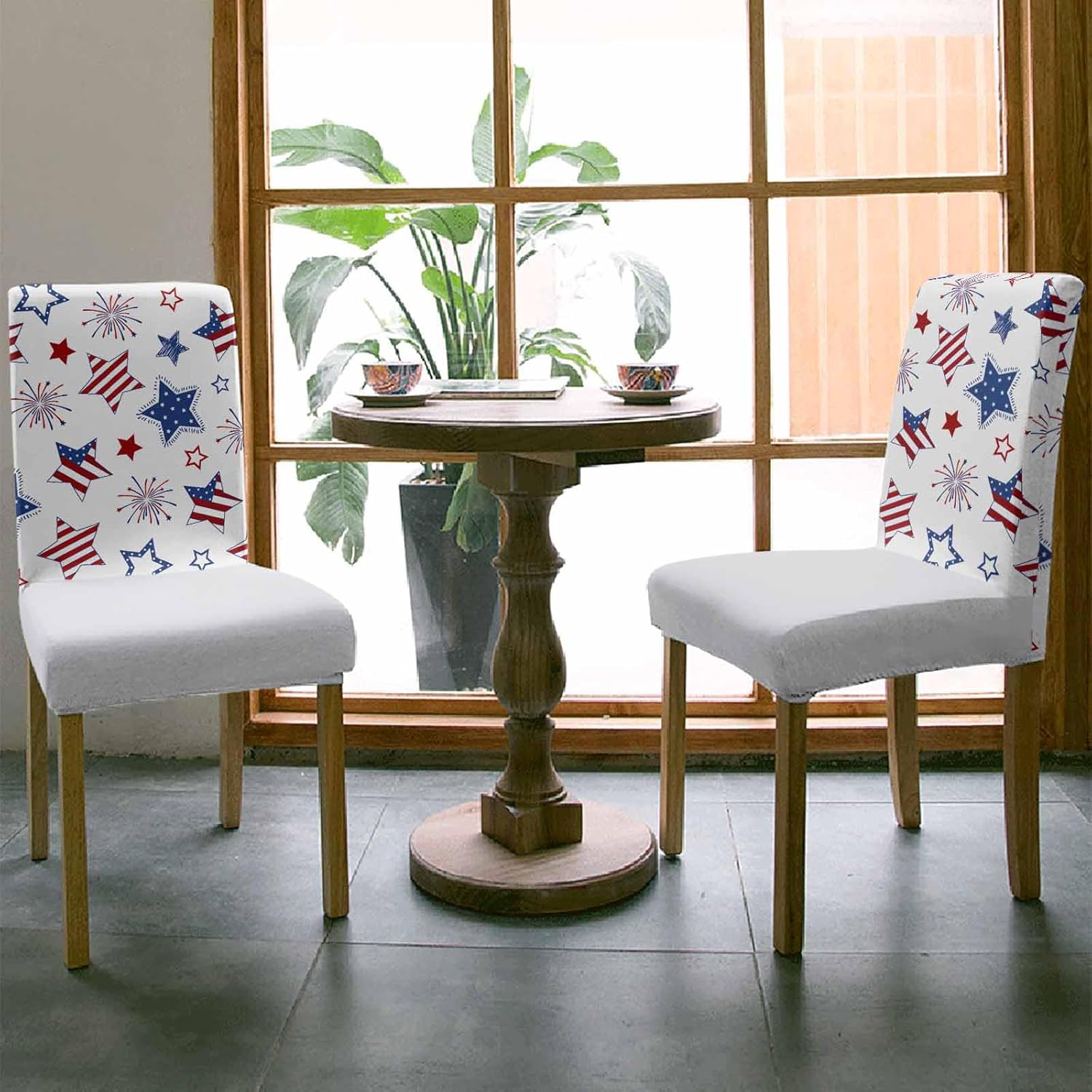 Dining Room Chair Covers Set of 6, Independence Day Patriotic USA Flag Stretch Kitchen Chair Cover, Star Stripe Celebration on White Removable Washable Chair Slipcovers for Hotel,Home,Party,Banquet
