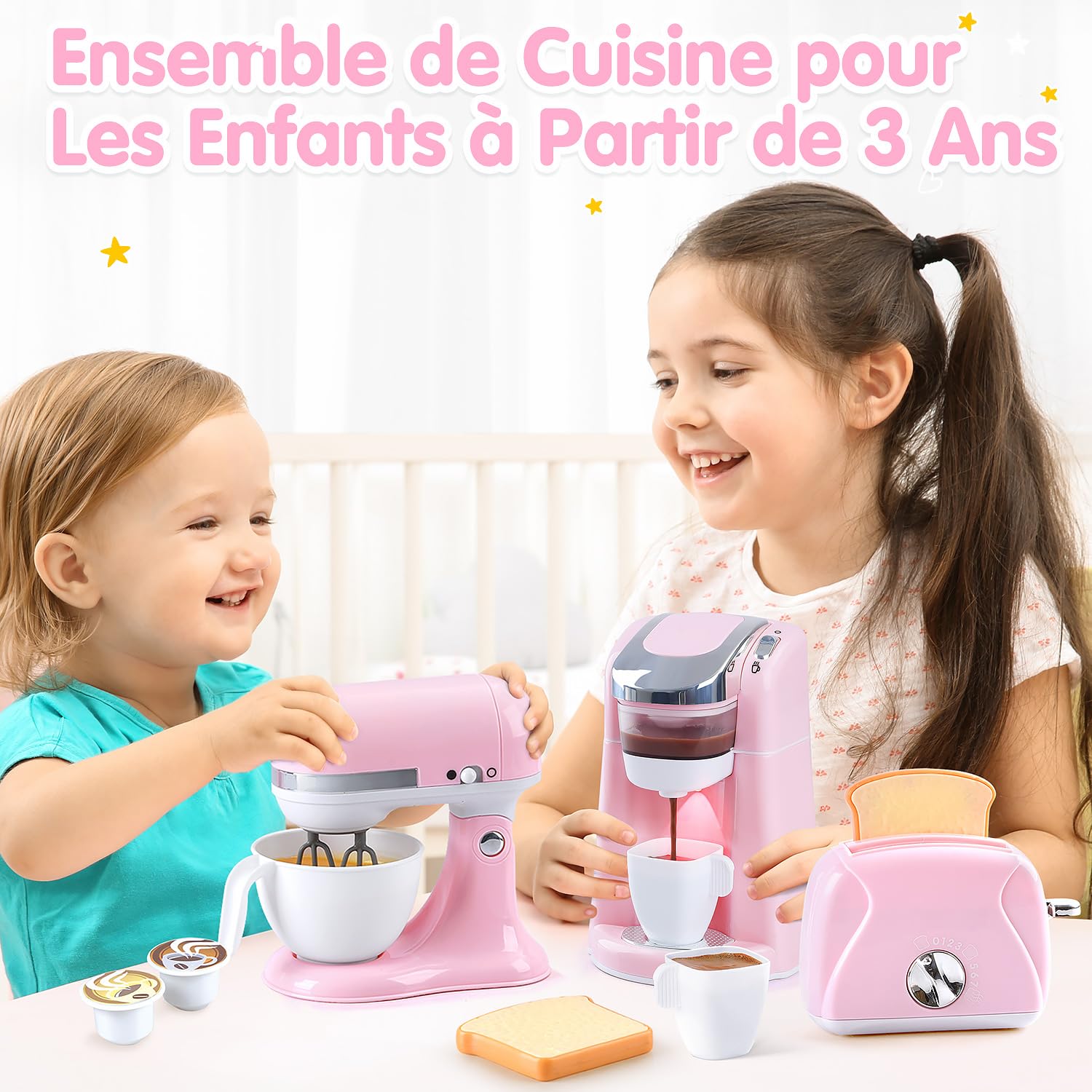 PLAY Accessoire Cuisine Enfant avec Cafetière, Mixer, Grille-Pain avec Llumière et Son Réalistes, Set de Ustensile Cuisine Cadeau pour Enfant 3+ Ans (Rose)