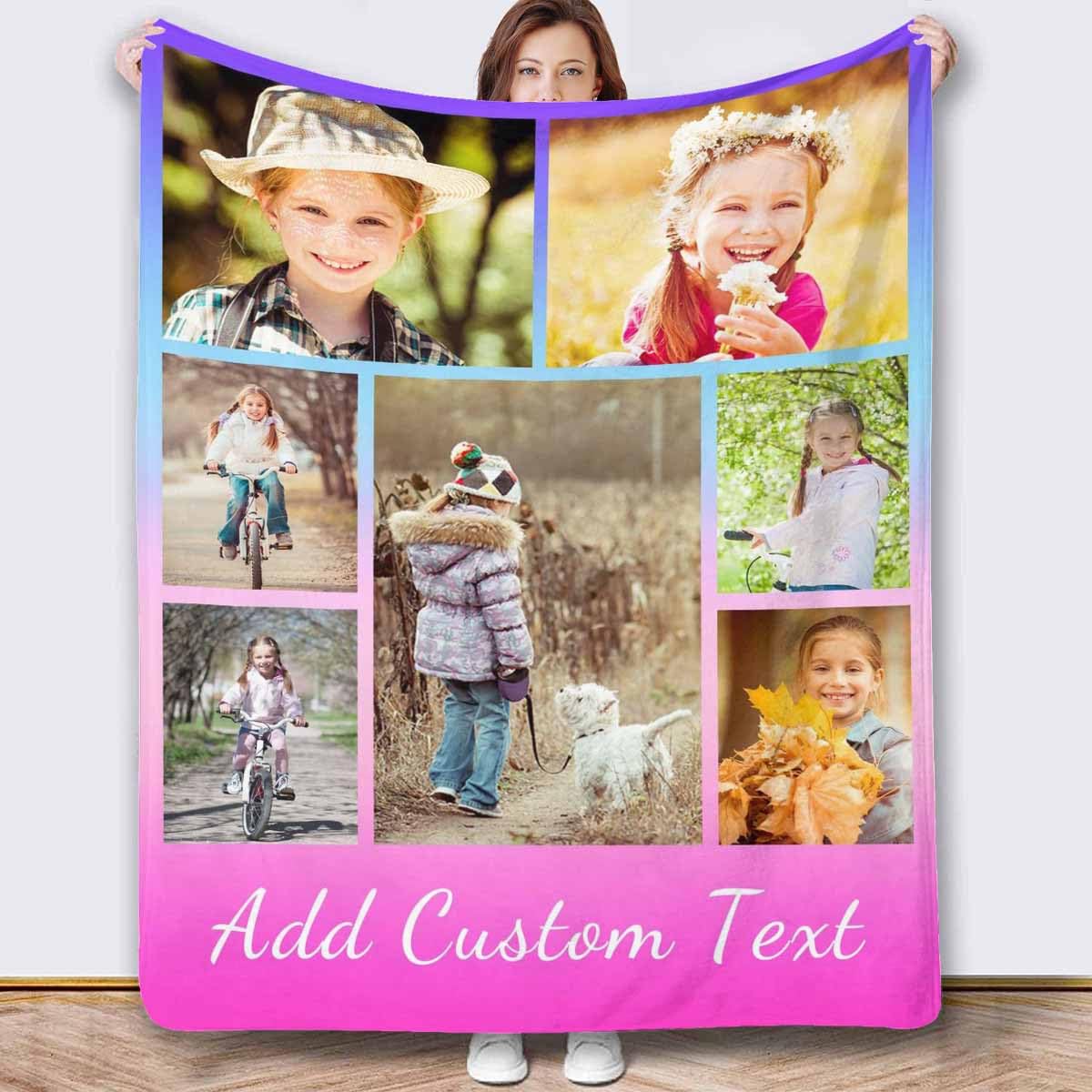 Artsadd Custom Blanket with Text Photo, Personalized 7 Photos Blankets with Name Customized Pet Photo Blankets for Dog Cat Custom Super Soft Fleece Blanket with Pictures for Infant Toddler