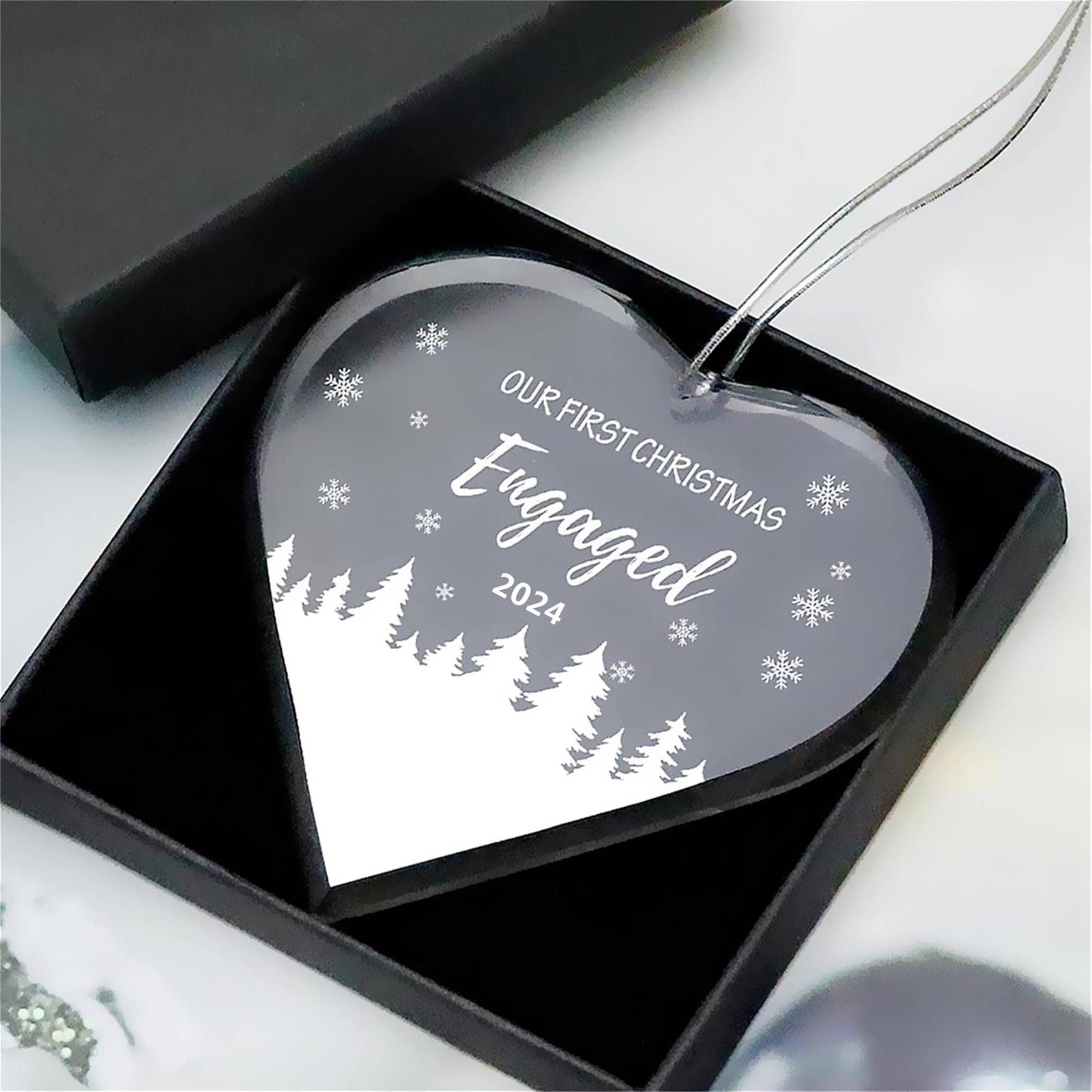 FKOG Heart Shape Glass Our First Christmas Engaged Ornament 2024, Mr & Mrs Couple Engagement Christmas Tree Decoration Ideas Gifts