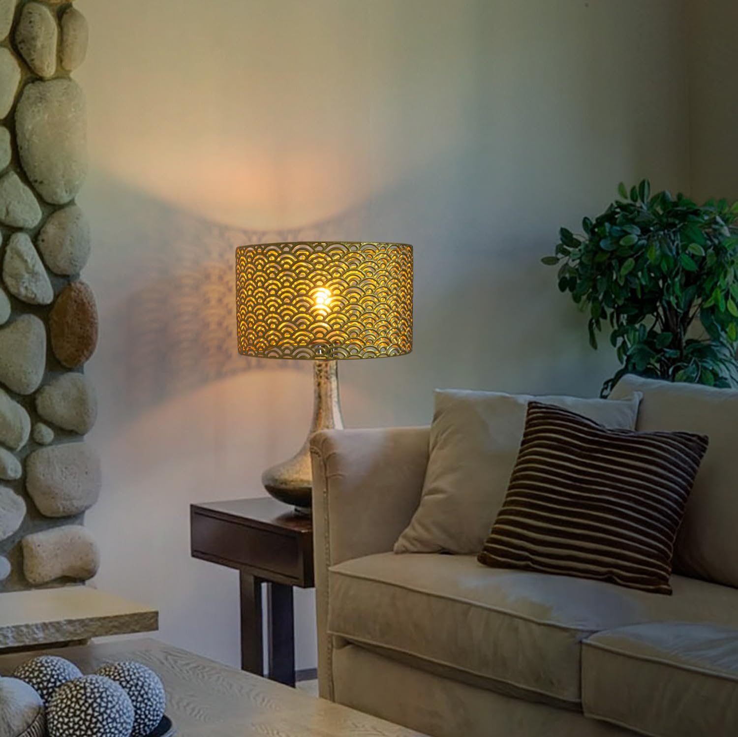 Drum lamp shades Gold metal shade,Hollow-out design Hand-crafted, Replacement shades For Floor,Chandelier,Table Living Room Bedroom Pendant lampshade(Sea wave)