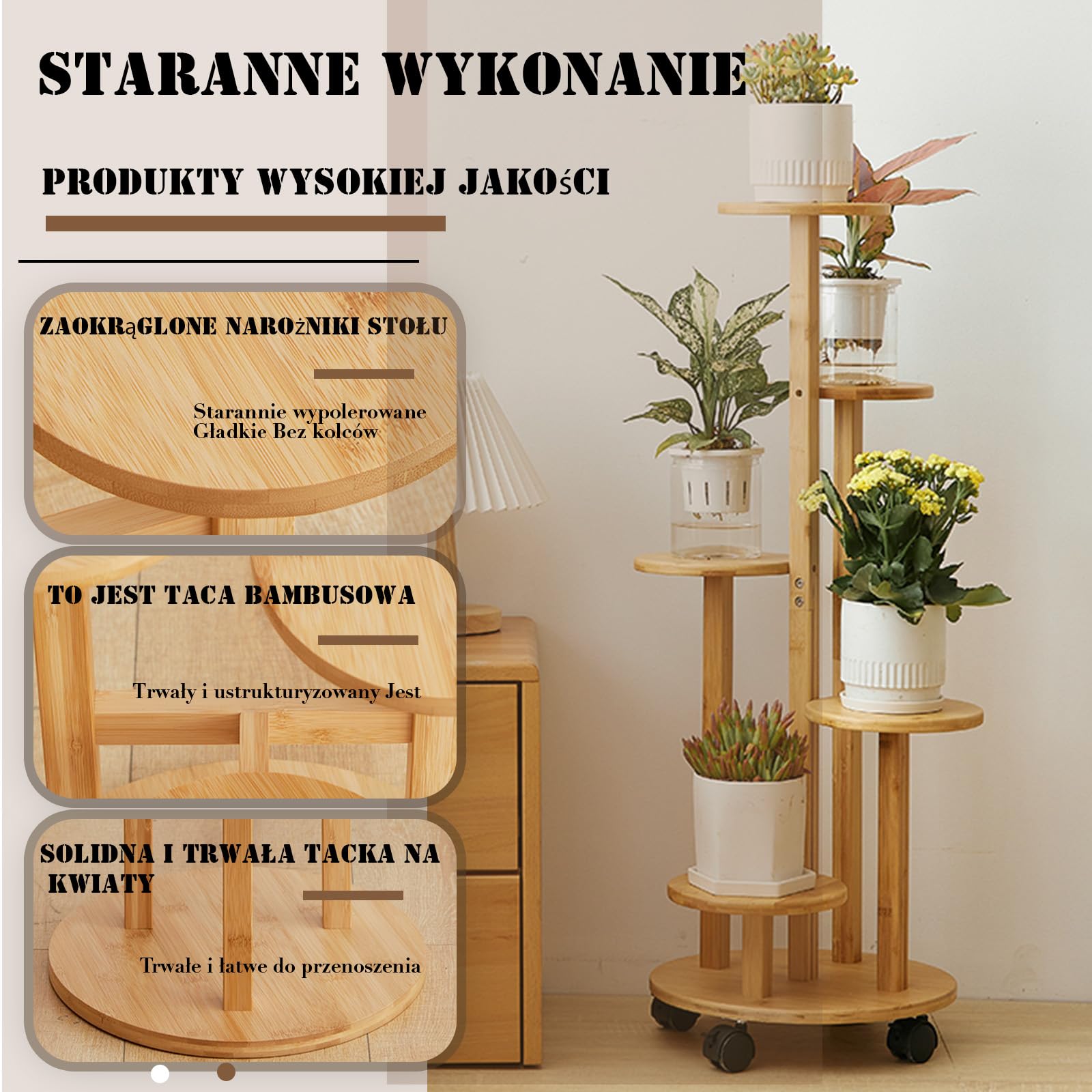Stojak na kwiaty z bambusa, z rolkami, 5 poziomów, stojak na rośliny, 90 cm, regał narożny z drewna, regał na rośliny, do użytku na zewnątrz, podwozie Ø 33 cm (kolor drewna)