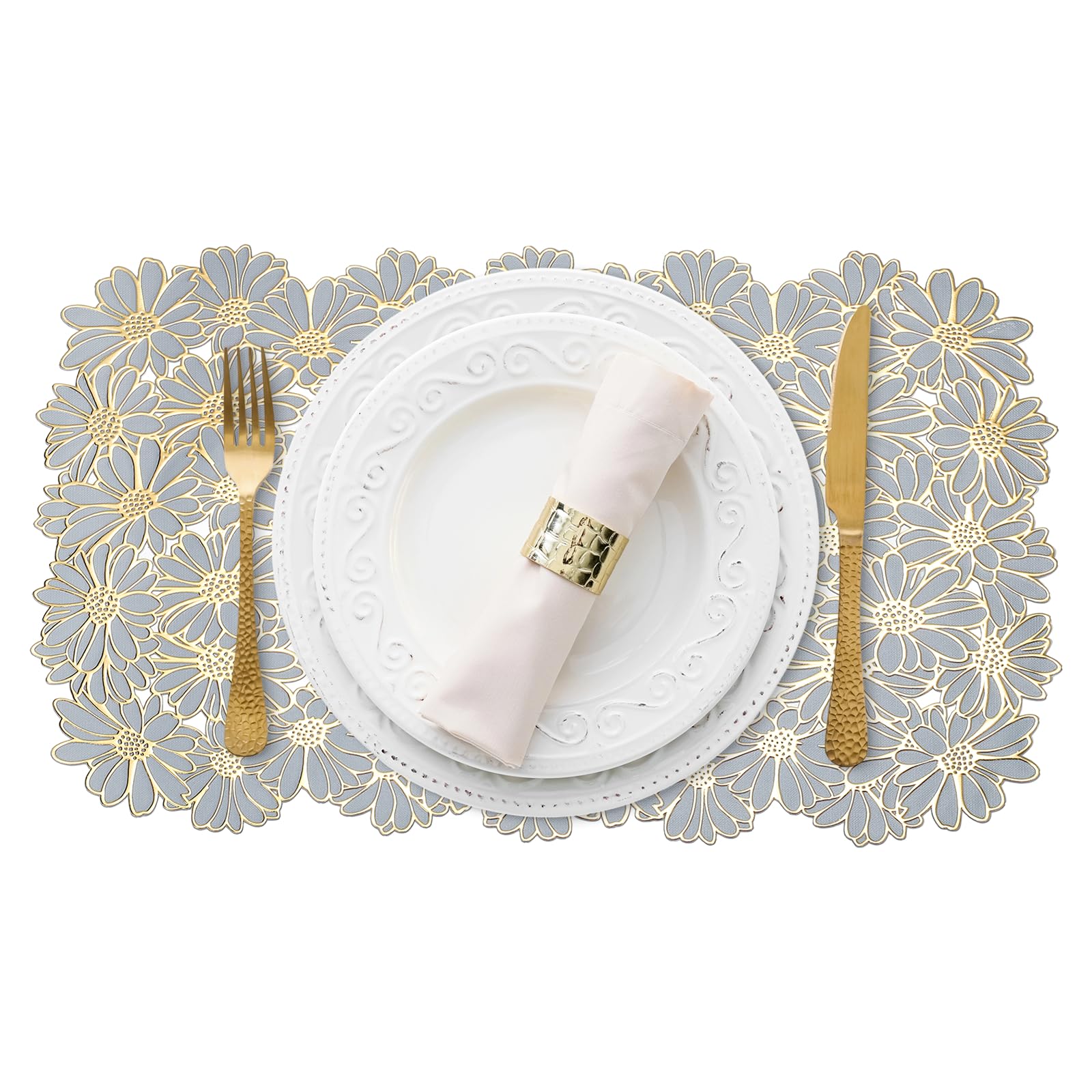 sourcing map 4Pcs Dark Gray Rectangle Placemats, 30x45cm Metallic Dinner Table Mats Hollow Floral Out Pressed Non-Slip Wipeable Hot Dish Pad Trivet Pot Rest for Dining Tables Kitchen Party