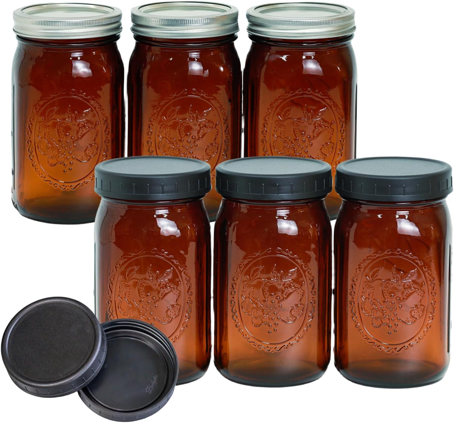 6 Pack 32 oz Amber Mason Jars, Wide Mouth Mason Jars with Lids and Bands and 6 Black Plastic Mason Jar Lids, Canning Jars Used for Canning, Pickling, Juice, Jam, Jelly