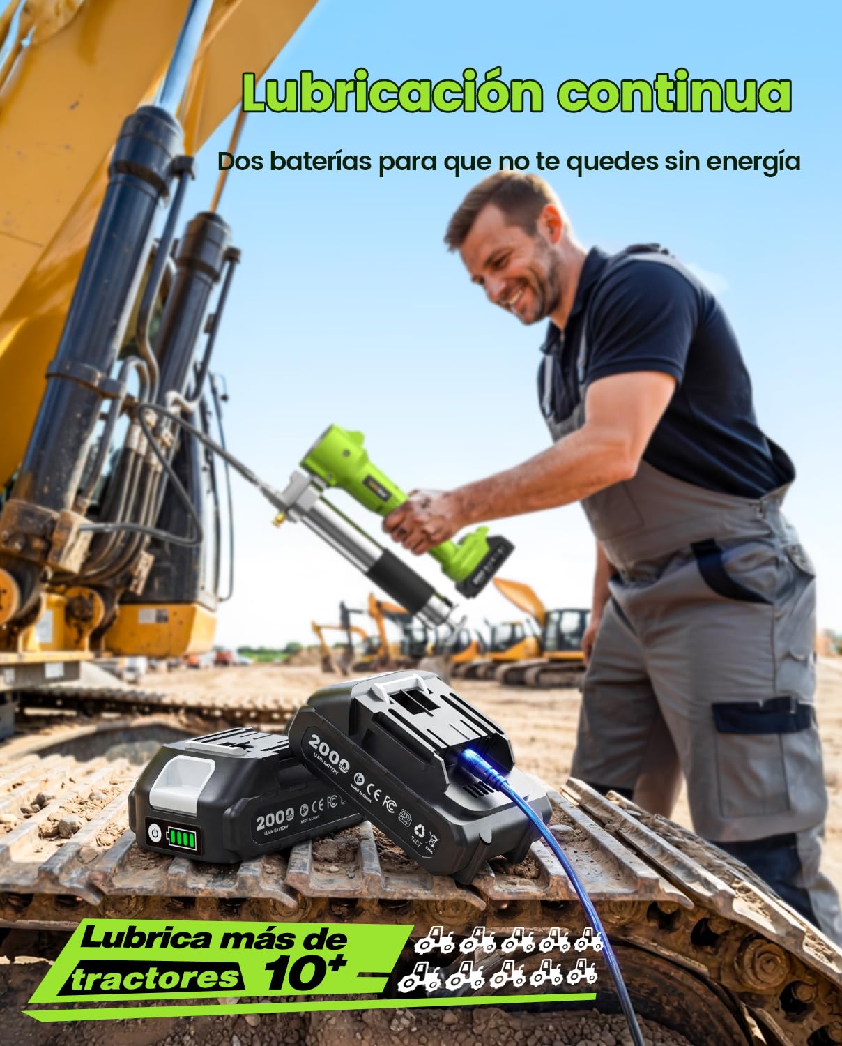 TaskStar Engrasadora Batería, [Super Eficiente] Kit de Pistola de Engrasar Eléctrica con 2 Baterías y Cargador, Manguera Flexible de 39,4”, Engrasadora de 10000 PSI con Luz LED Super Brillante, Verde