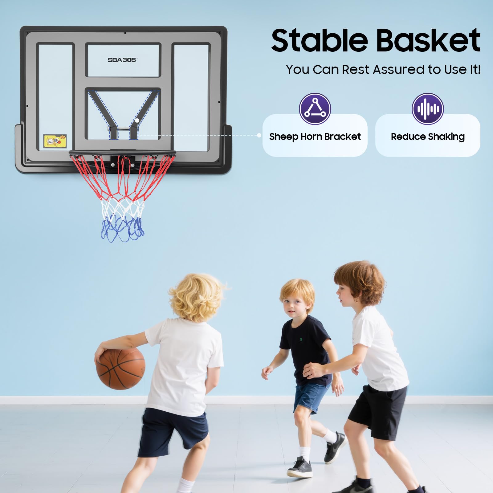 Kit de repuesto de tablero de baloncesto montado en la pared, 44 x 30 pulgadas, combo de tablero y borde de PET, tablero y borde de 25 cm de altura desde la pared, fácil de instalar