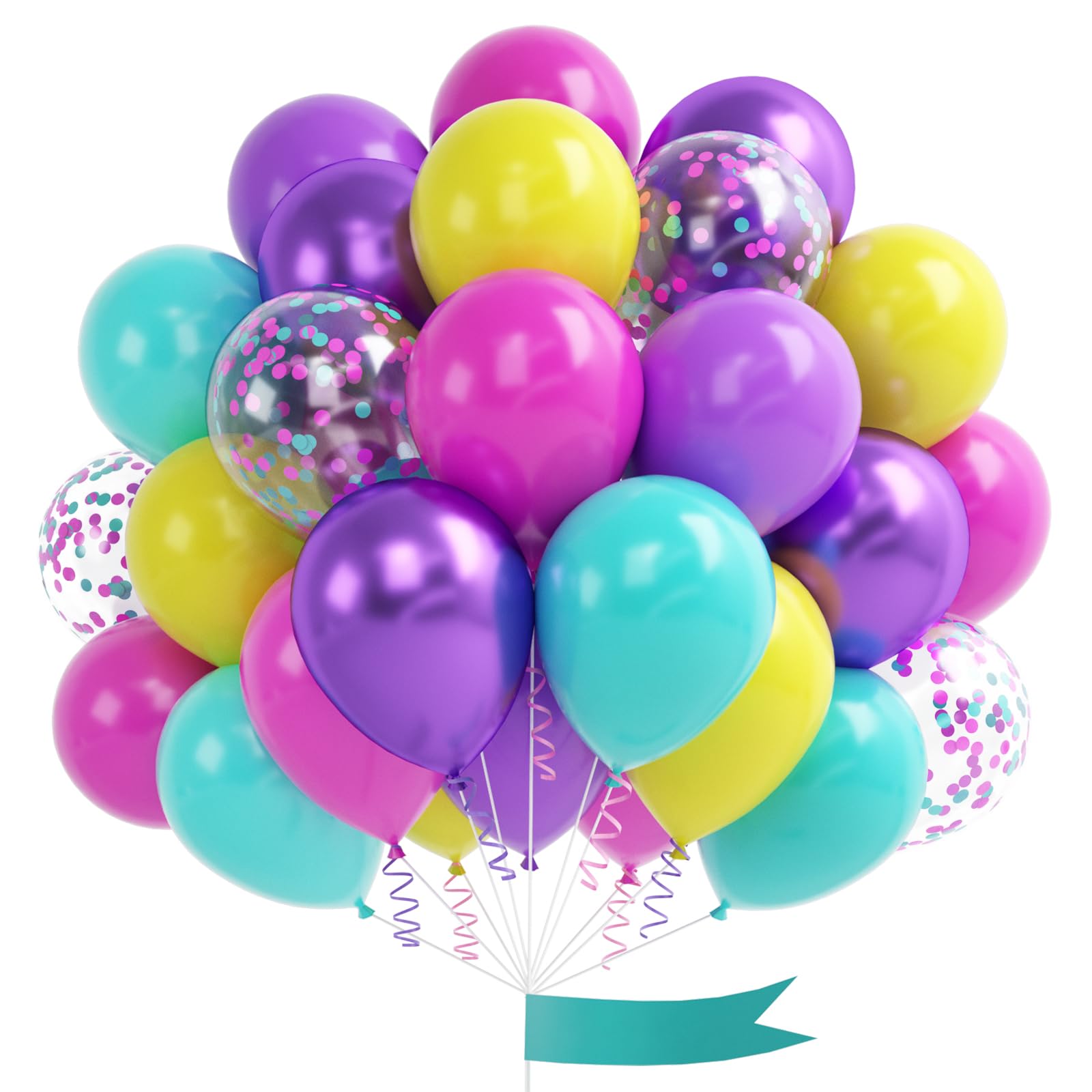 Pink Purple Blue Balloon, 60 Pcs 12 Inches Hot Pink Metallic Purple Teal Yellow Balloons Confetti Balloons for Kids Baby Shower Magic Theme Birthday