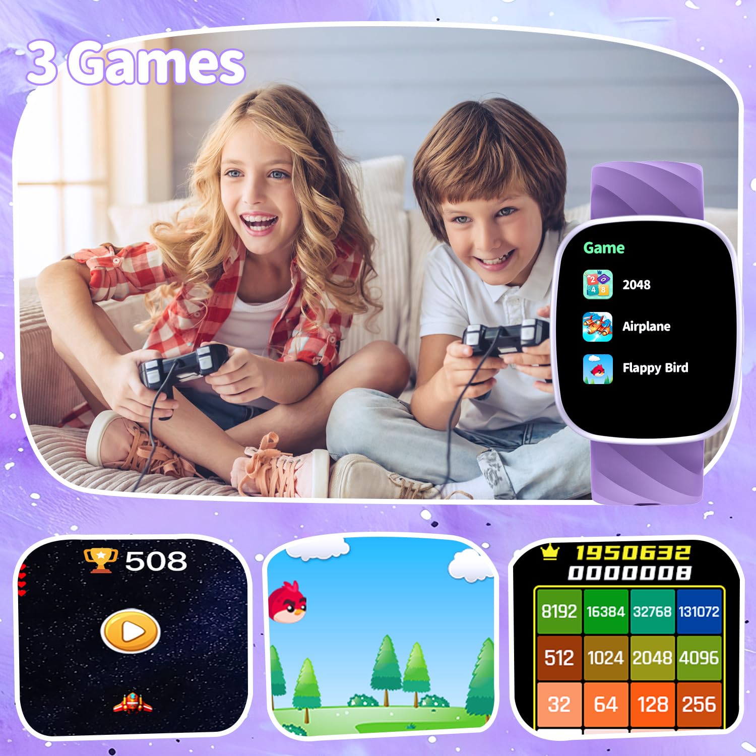 Smart Watch for Kids, Kids Fitness Tracker Watch for Boys Girls Ages 5-15, Activity Tracker, Heart Rate Sleep Monitor, IP67 Waterproof, Pedometer, Sport Modes, Puzzle Game (Purple)