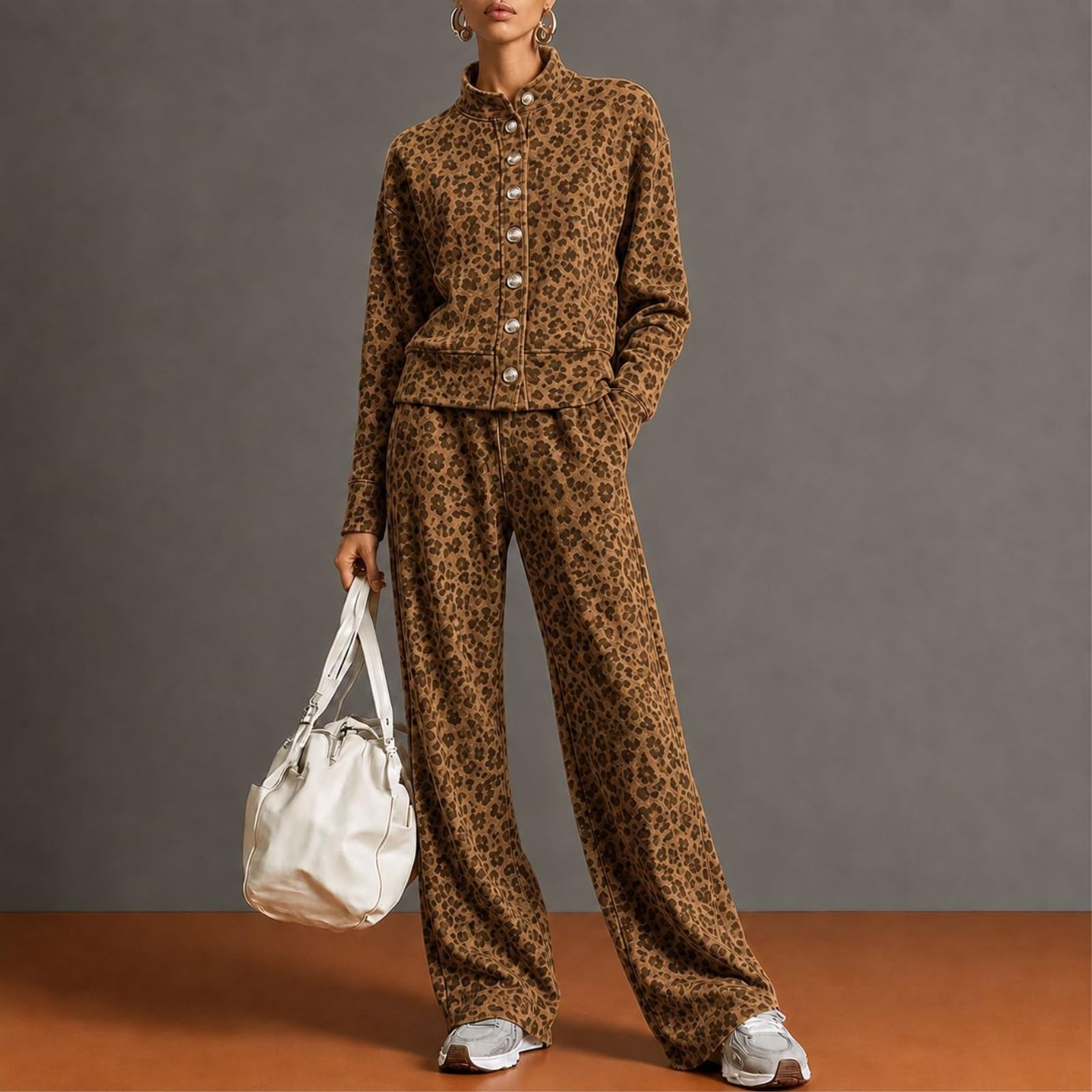 GFZMF - Giacca da donna con colletto alla coreana, stampa leopardata