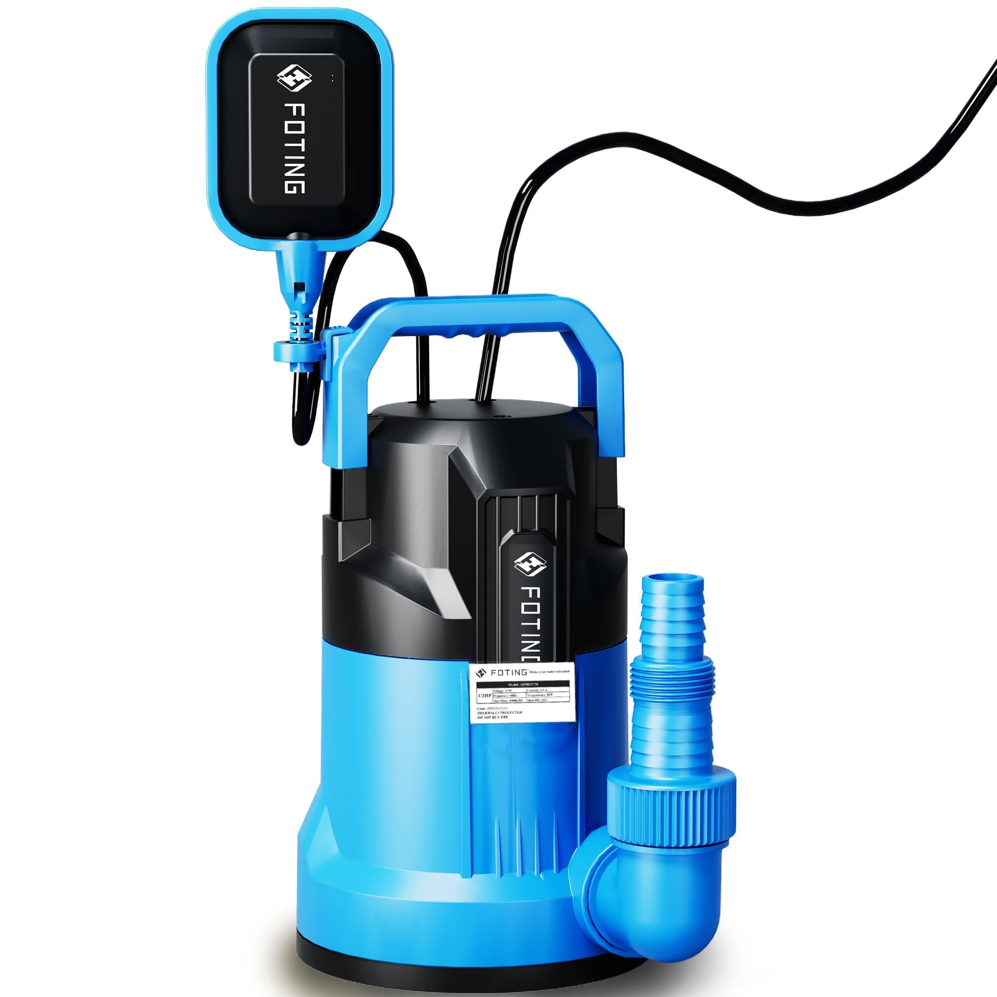 FOTING Flachabsaugpumpe 550 W, 17.000 l/h, Förderhöhe bis 9 m, Eintauchtiefe bis 7 m, flachabsaugend bis 1 mm, für Pool, Keller und Entwässerung