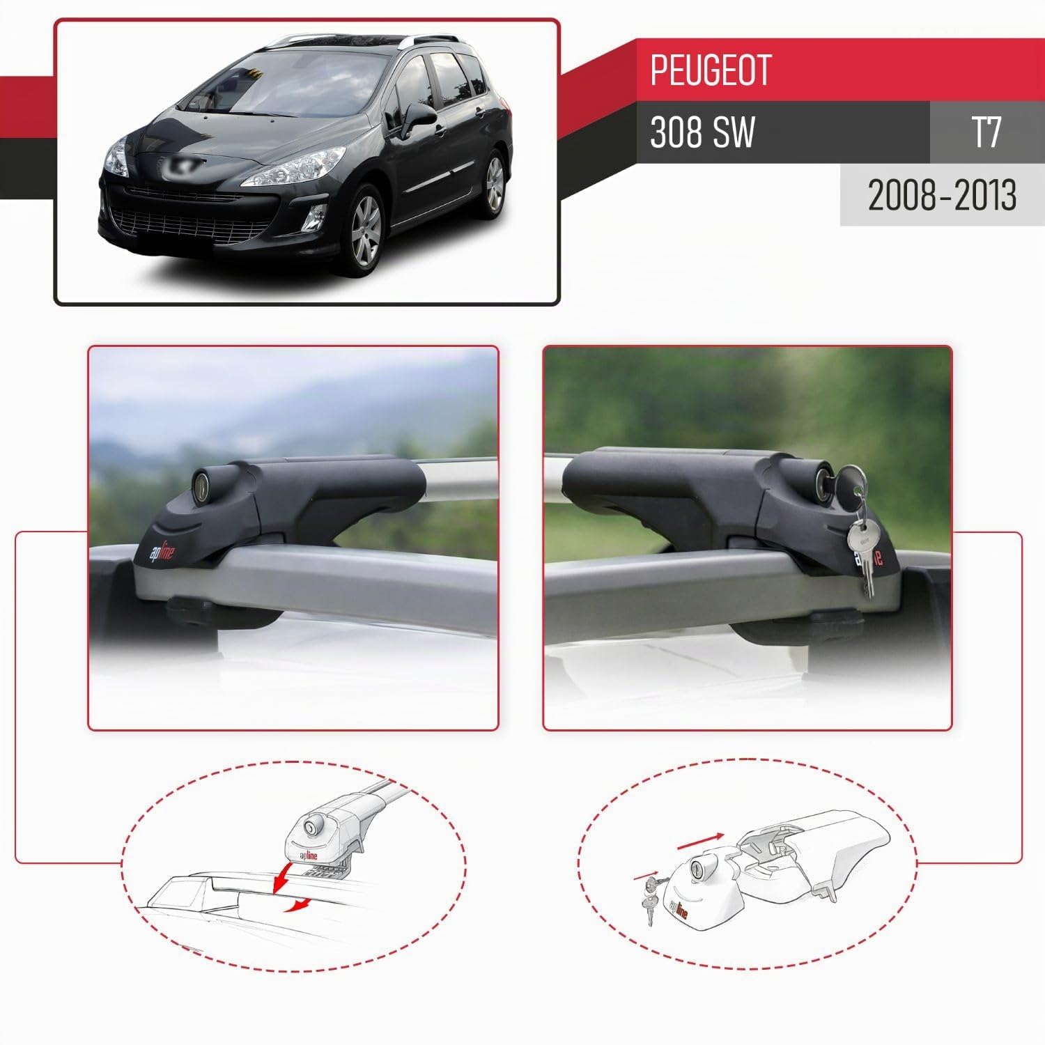 Compatible con Peugeot 308 (T7) SW 2008-2013 Modelo Ace-1 Barra de Techo Auto Portaequipajes Barras Transversales Gris Aluminio 2 Barras