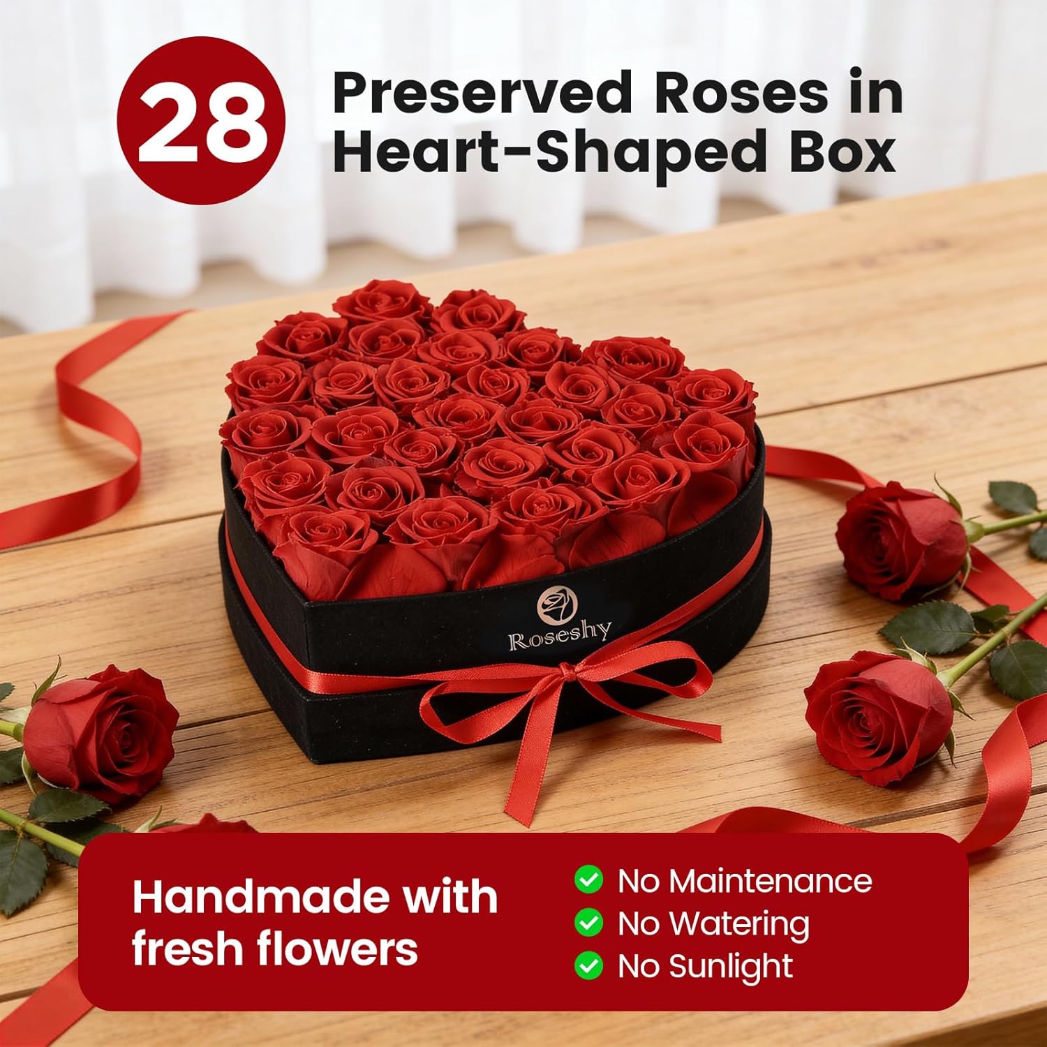 Valentines Day Flowers Roses Gifts for Her,28pcs Red Forever Preserved Roses in Heart Shape Gift Box,Valentines Day Delivery Prime Gifts-Roses Gifts for Women,Mom.