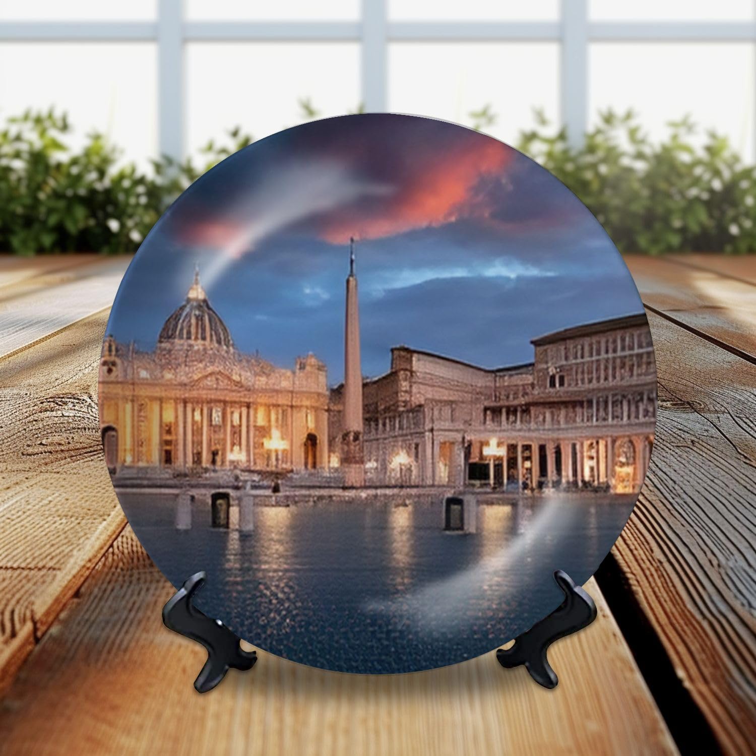 Decorative Plates Vatican City Rome Italy Cityscape illuminated Saint Basilica St Square Wall Decor Ceramic Ornament with Display Stand and Hook Up for Festival, Parties, Wedding 10