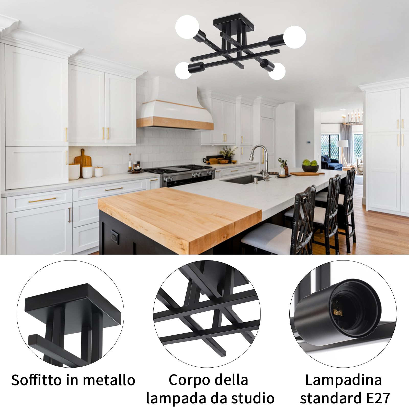 Sputnik Plafoniere da Soffitto Lampadario Industrial Lampada Soffitto E27 | Lampadari Moderni 4 Luci per Soggiorno Camera da Letto Cucina Ccorridoio Sala da Pranzo, Nero