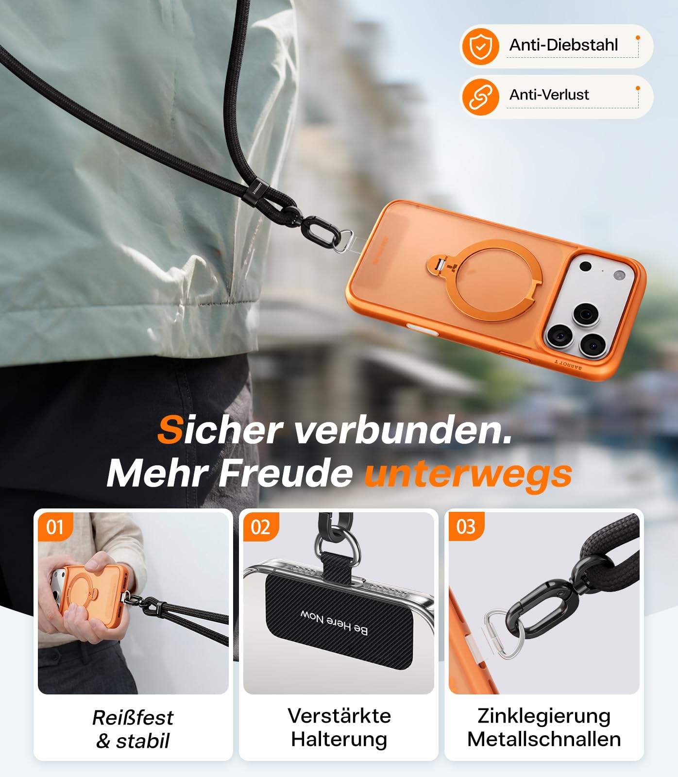 TORRAS Premium Handykette Universal Verstellbar, Anti-Verlust, Extra Robust, für Outdoor & Reise, Doppel-Nylonkordel mit Metallschnalle, kompatibel mit iPhone, Samsung, Schwarz