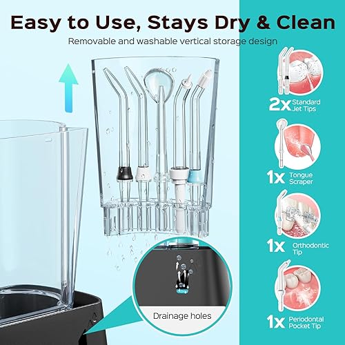 Miniatura 5 de COSLUS Irrigador Dental Avanzado 2 Modos y 12 Ajustes de Presión Eléctrico para Ortodoncia, Aparatos, Encías Sensibles - Uso Doméstico, 5 Puntas de