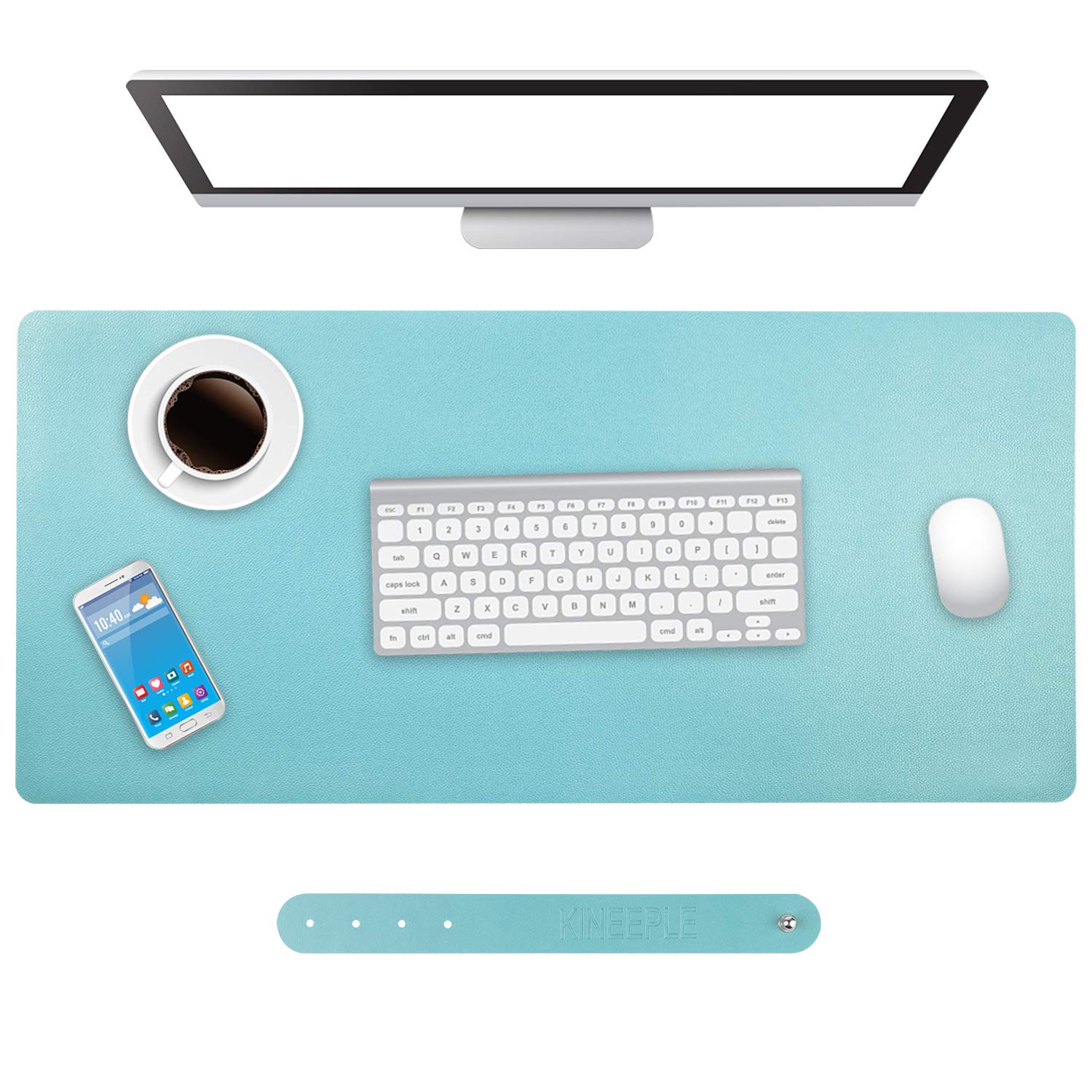 PU Leather Mouse Pad, KINPLE Dual-Side Use Desk Pad, Waterproof Office Desk Writing Mat Blotter in Multi-Color (35.4”x15.7”) (Mint)
