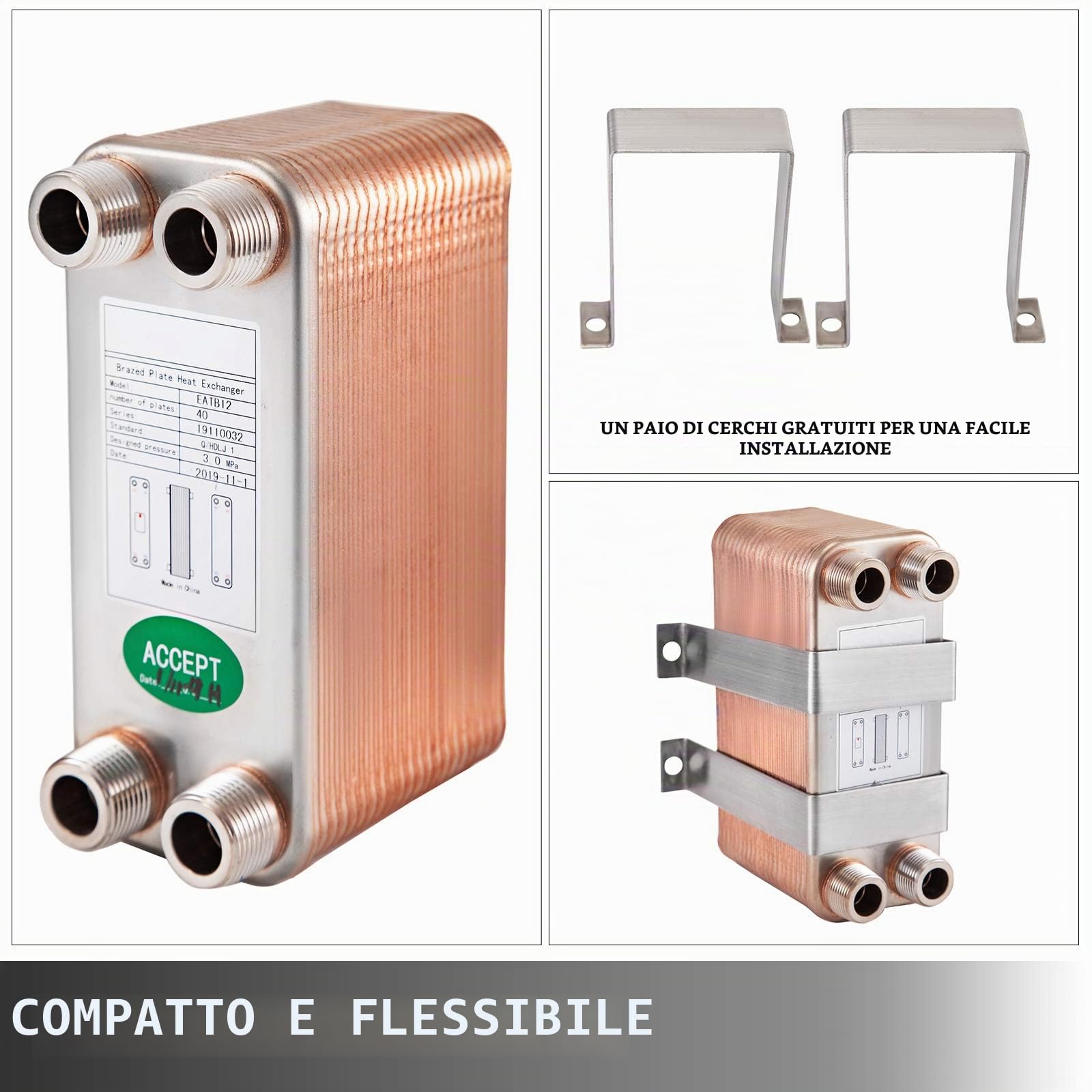 VEVOR Scambiatore di Calore 40 Piastre Scambiatore di Calore per Riscaldamento EATB12 Scambiatore di Calore Piastre in Acciaio