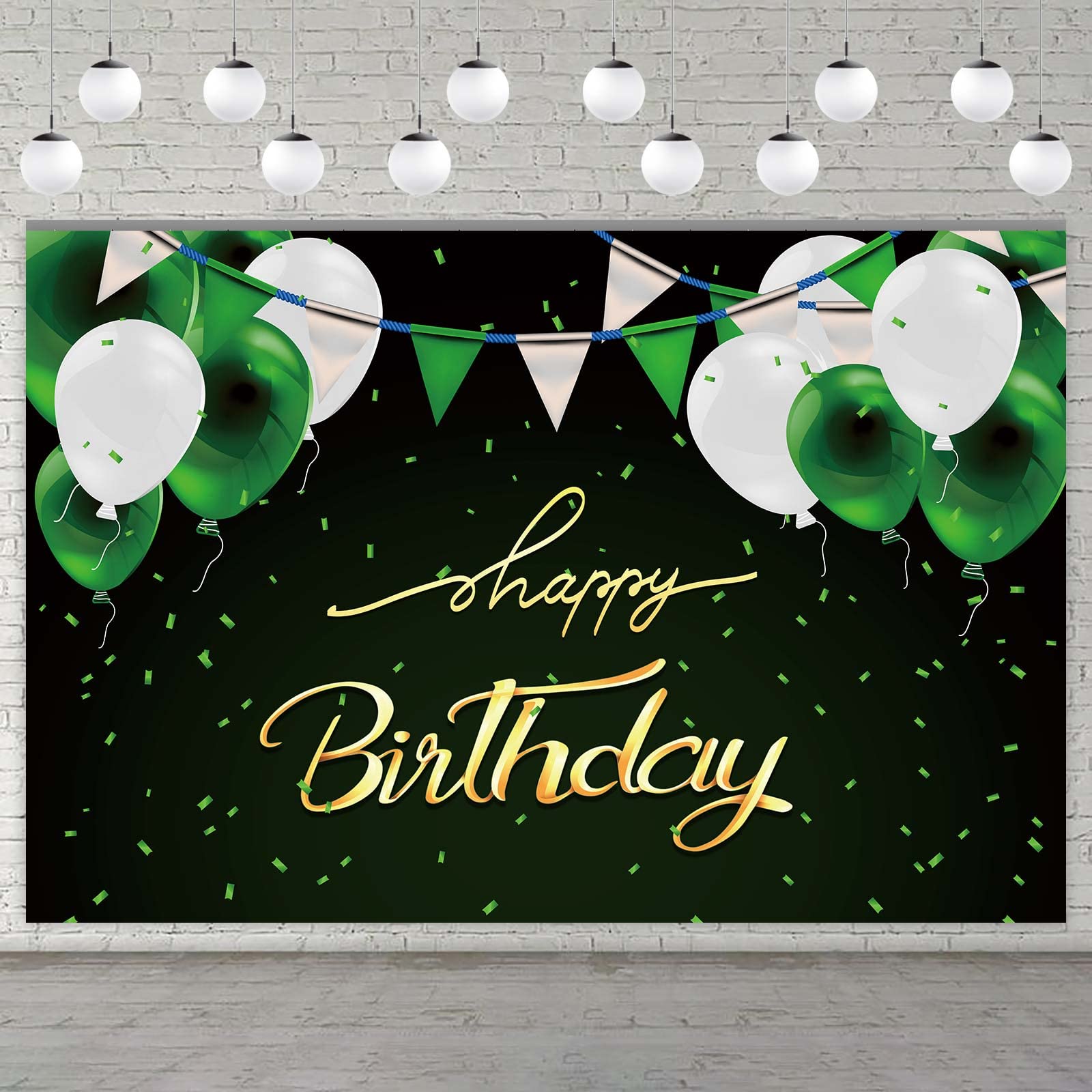 Happy Birthday Black Banner Backdrop Background Photo Booth Props Green White Balloons Theme Decor for Anniversary Birthday Party Favors Supplies